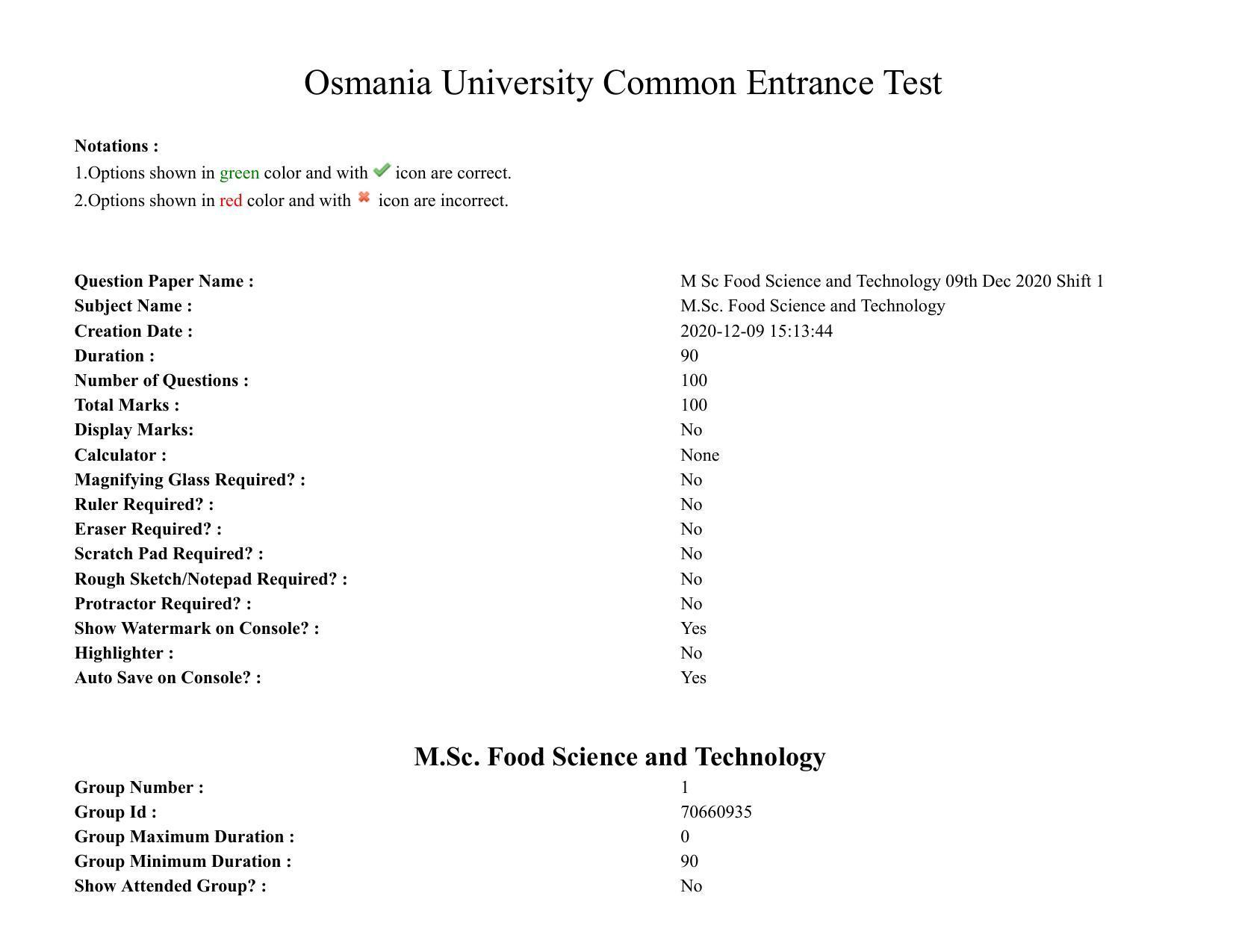 TS CPGET 2020 M.Sc. Food Science and Technology (Shift 1) Question Paper with Answer Key - Page 1
