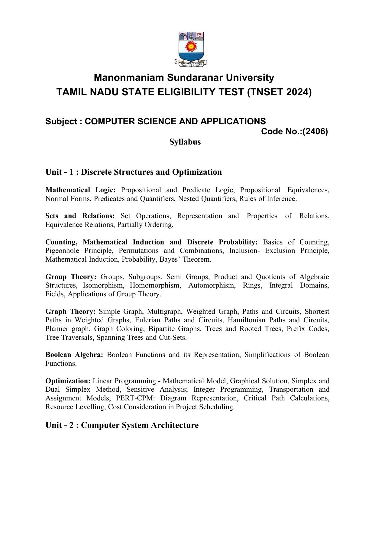 TNSET Syllabus - Computer Science and Applications - Page 1