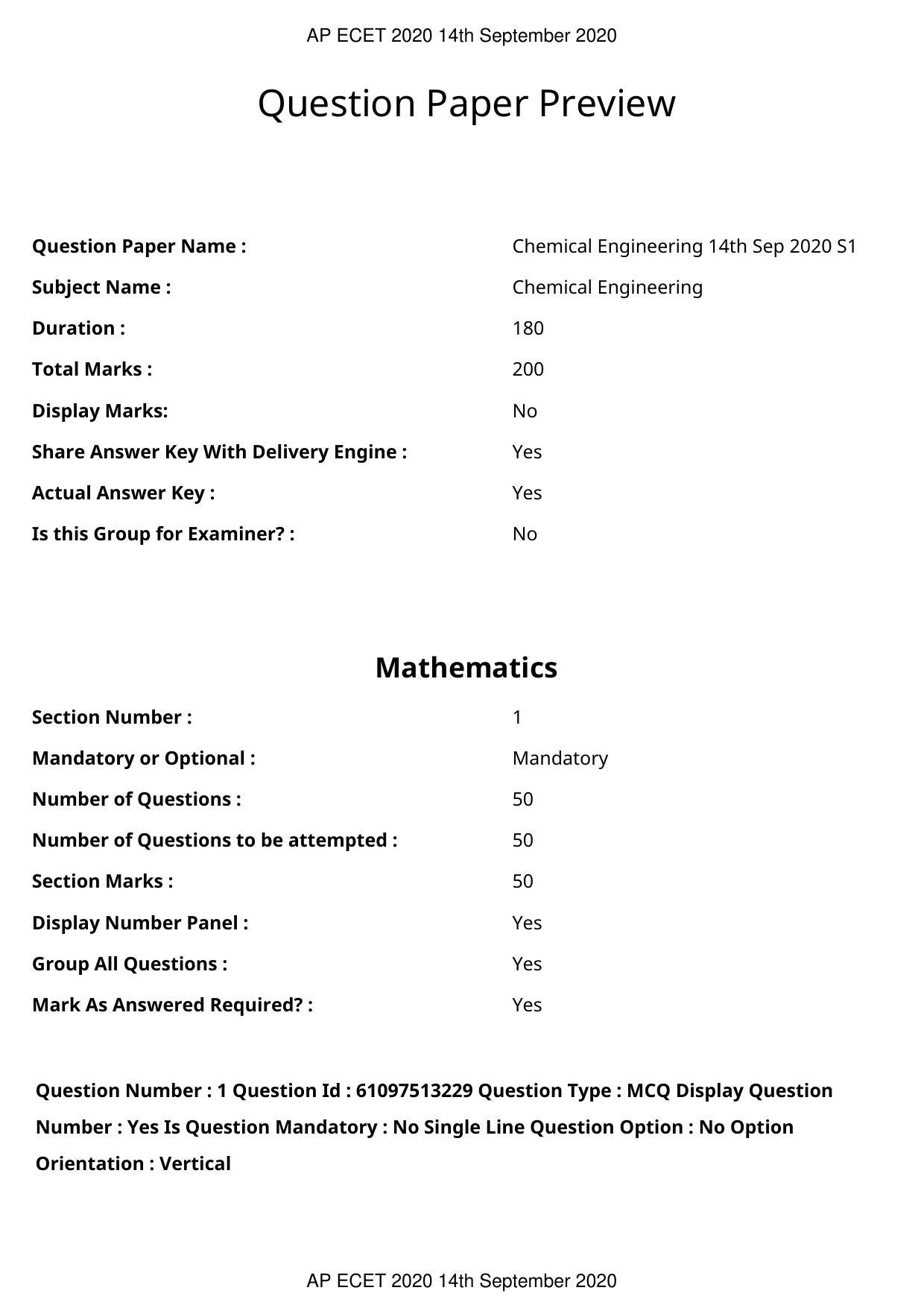 AP ECET 2020 - Chemical Engineering (Preview) Question Paper With Preliminary Keys - Page 1