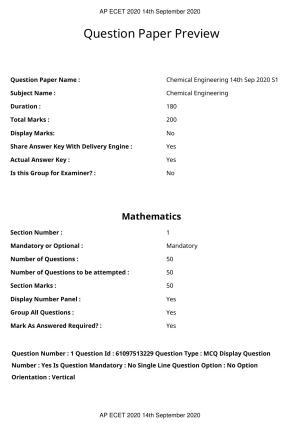 AP ECET 2020 - Chemical Engineering (Preview) Question Paper With Preliminary Keys