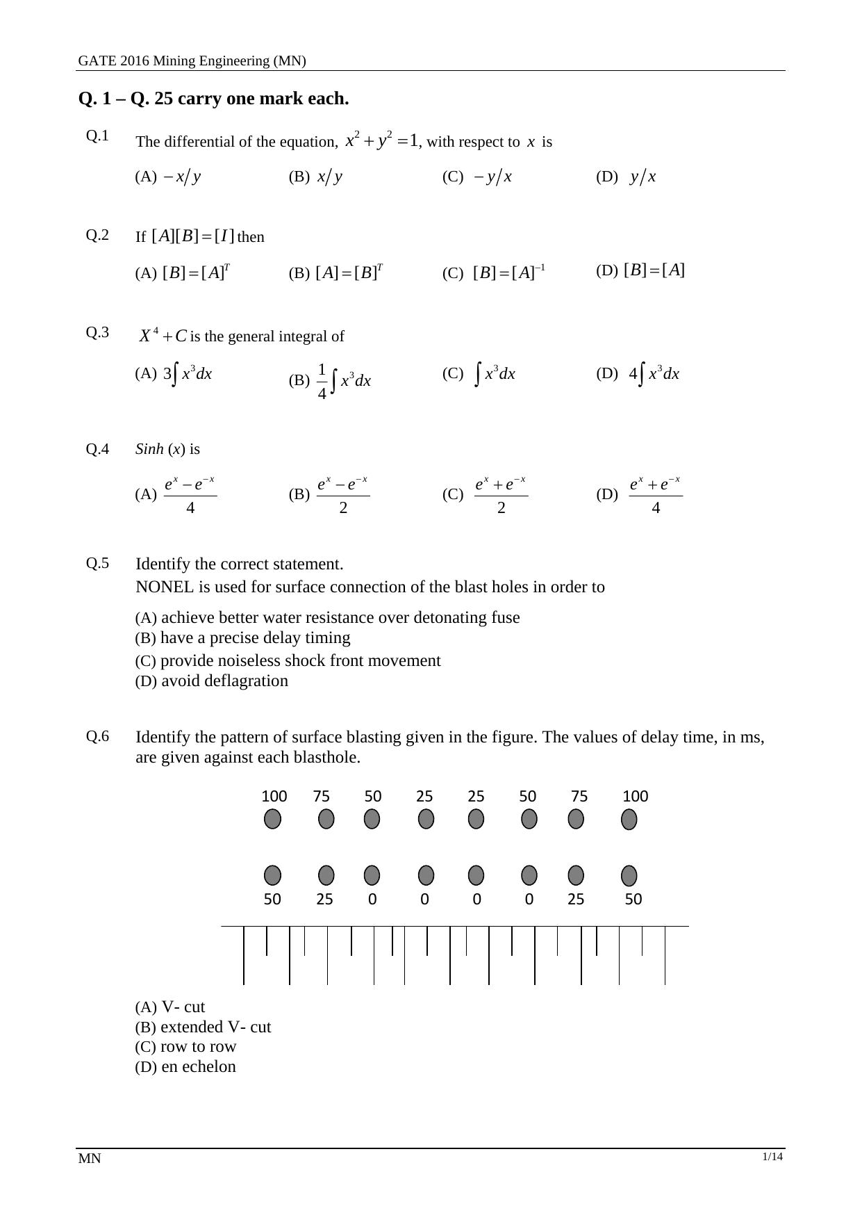 GATE 2016 Mining Engineering (MN) Question Paper with Answer Key - Page 4