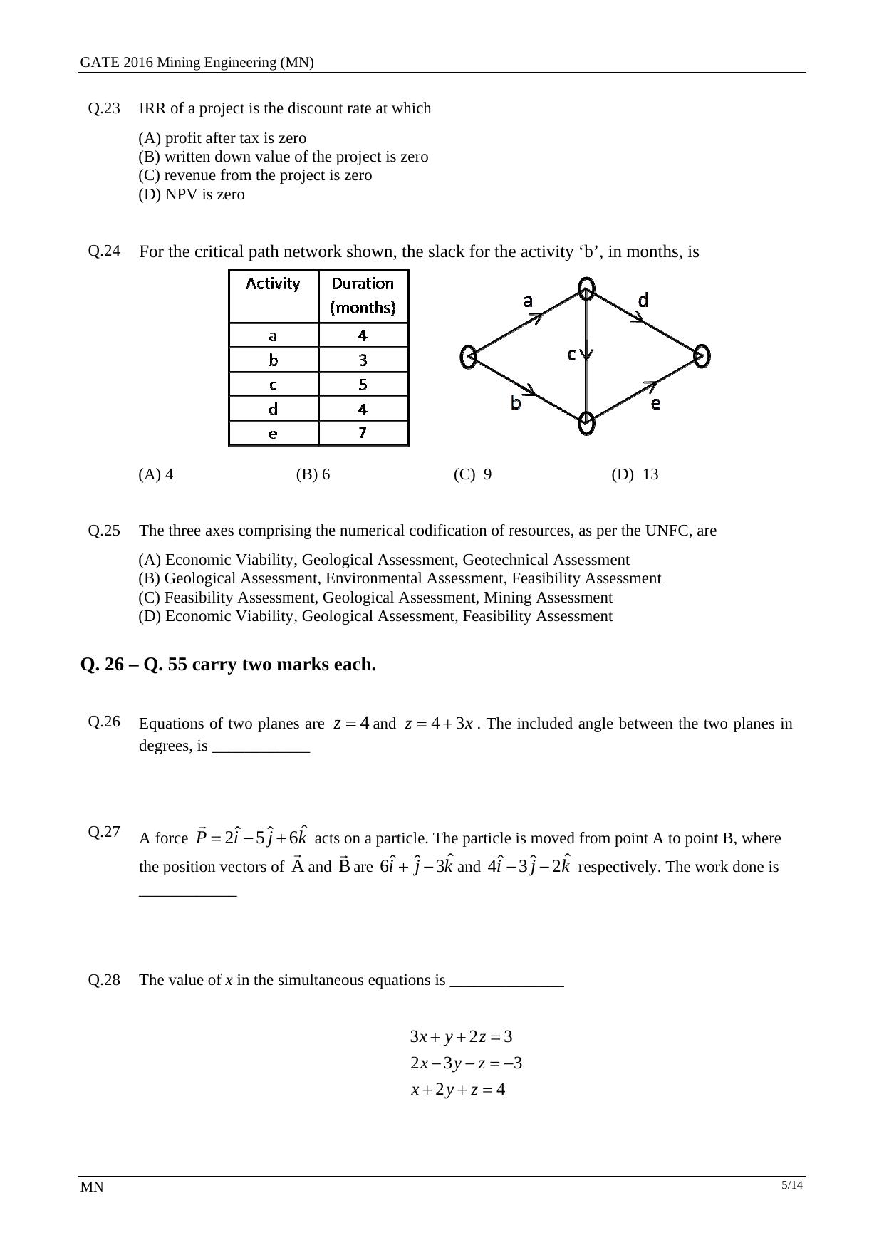 GATE 2016 Mining Engineering (MN) Question Paper with Answer Key - Page 8