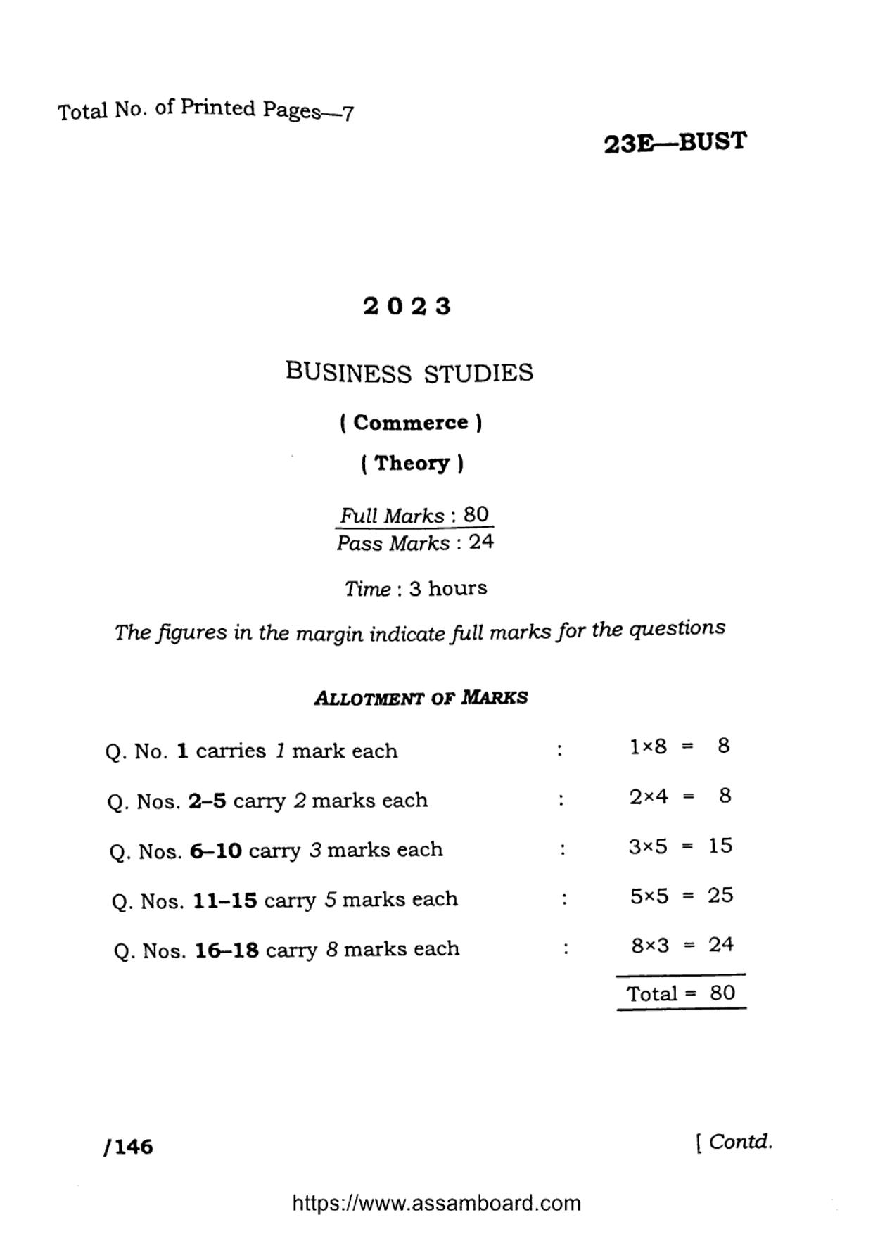 AHSEC Class 11 Business Studies 2023 Question Paper - Page 1