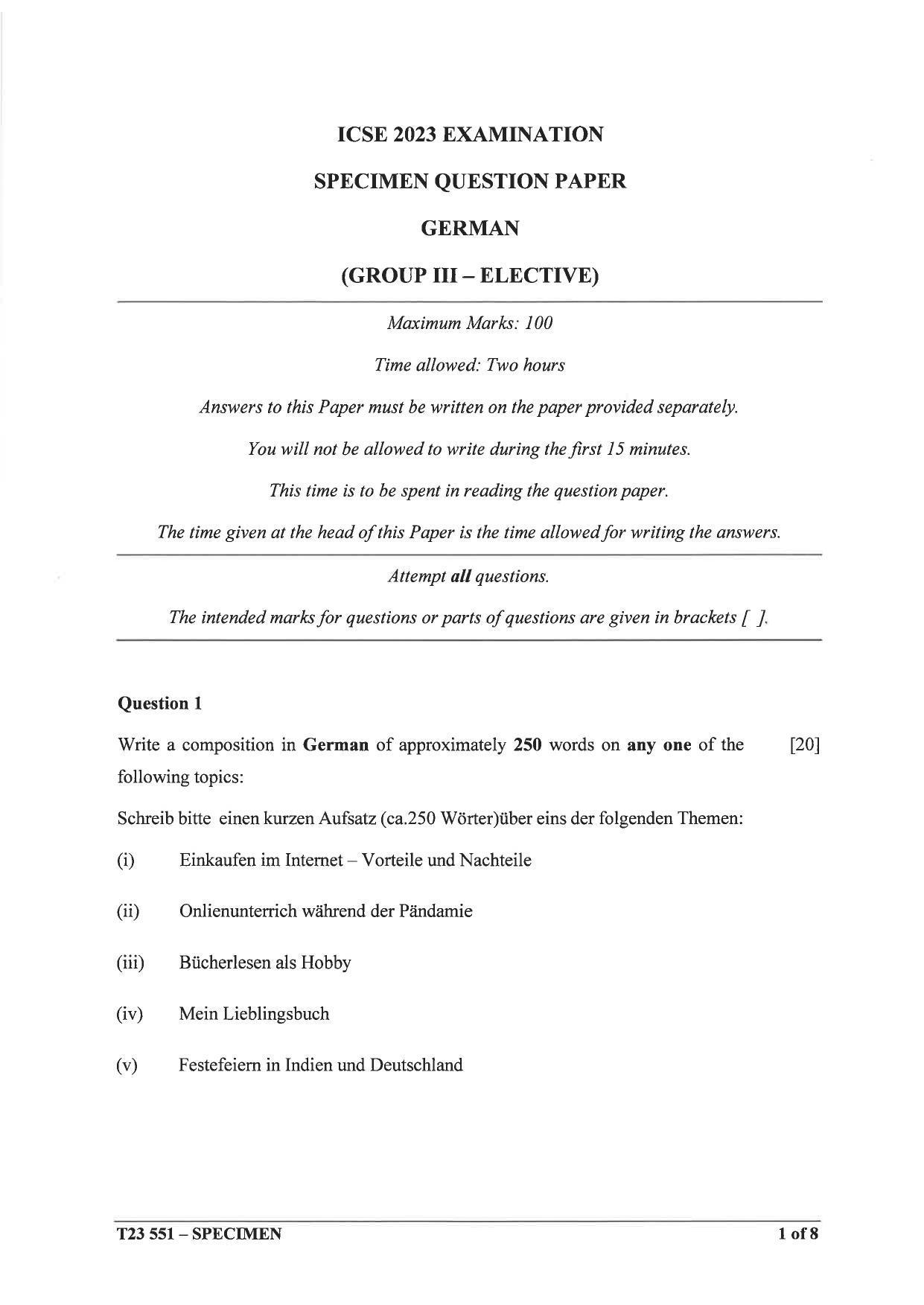 ICSE Class 10 German (Group 3) Sample Paper 2023 - Page 1