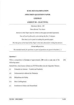 ICSE Class 10 German (Group 3) Sample Paper 2023