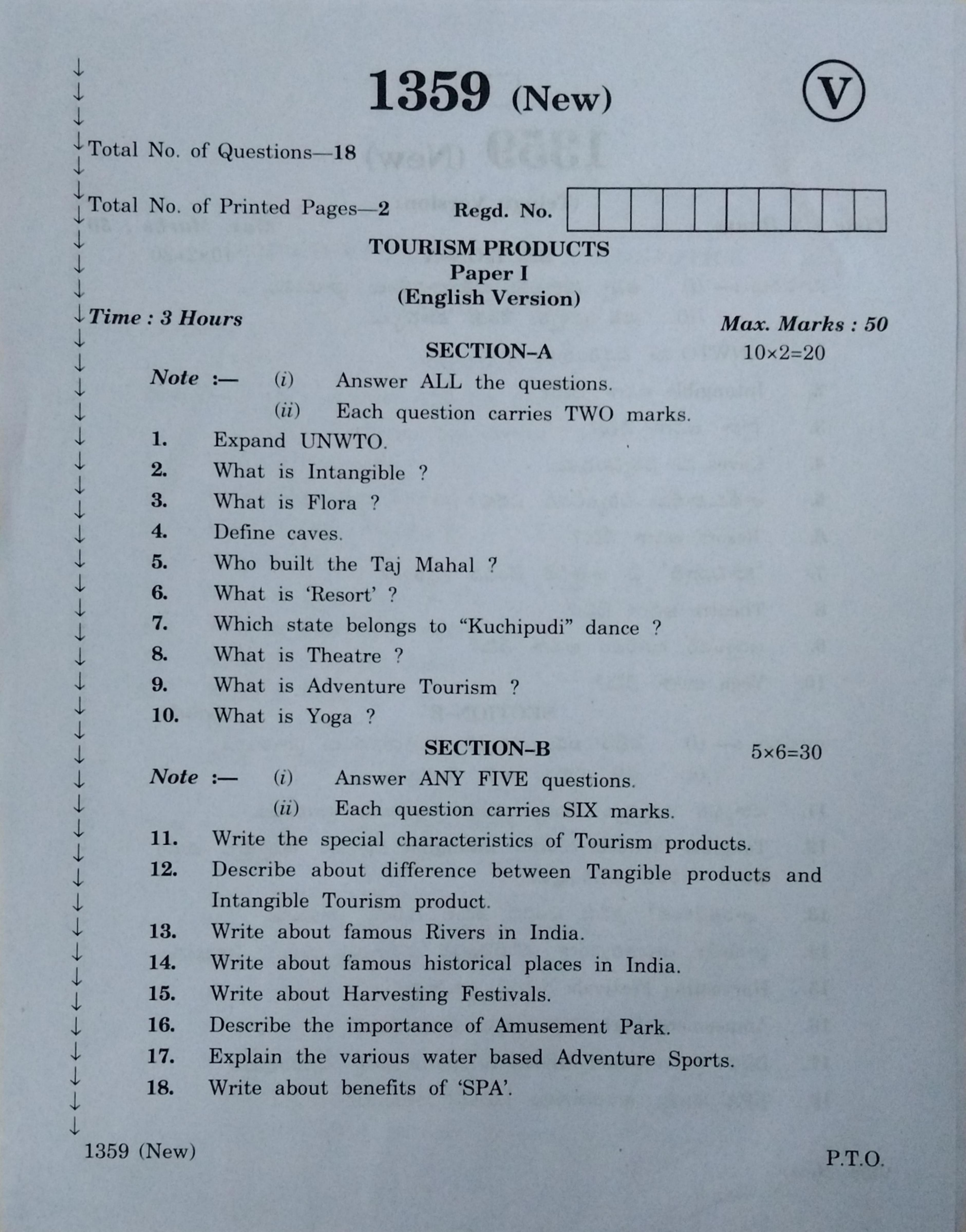 AP Inter 2nd Year Vocational Question Paper March - 2020 - Tourism Products-I - Page 1
