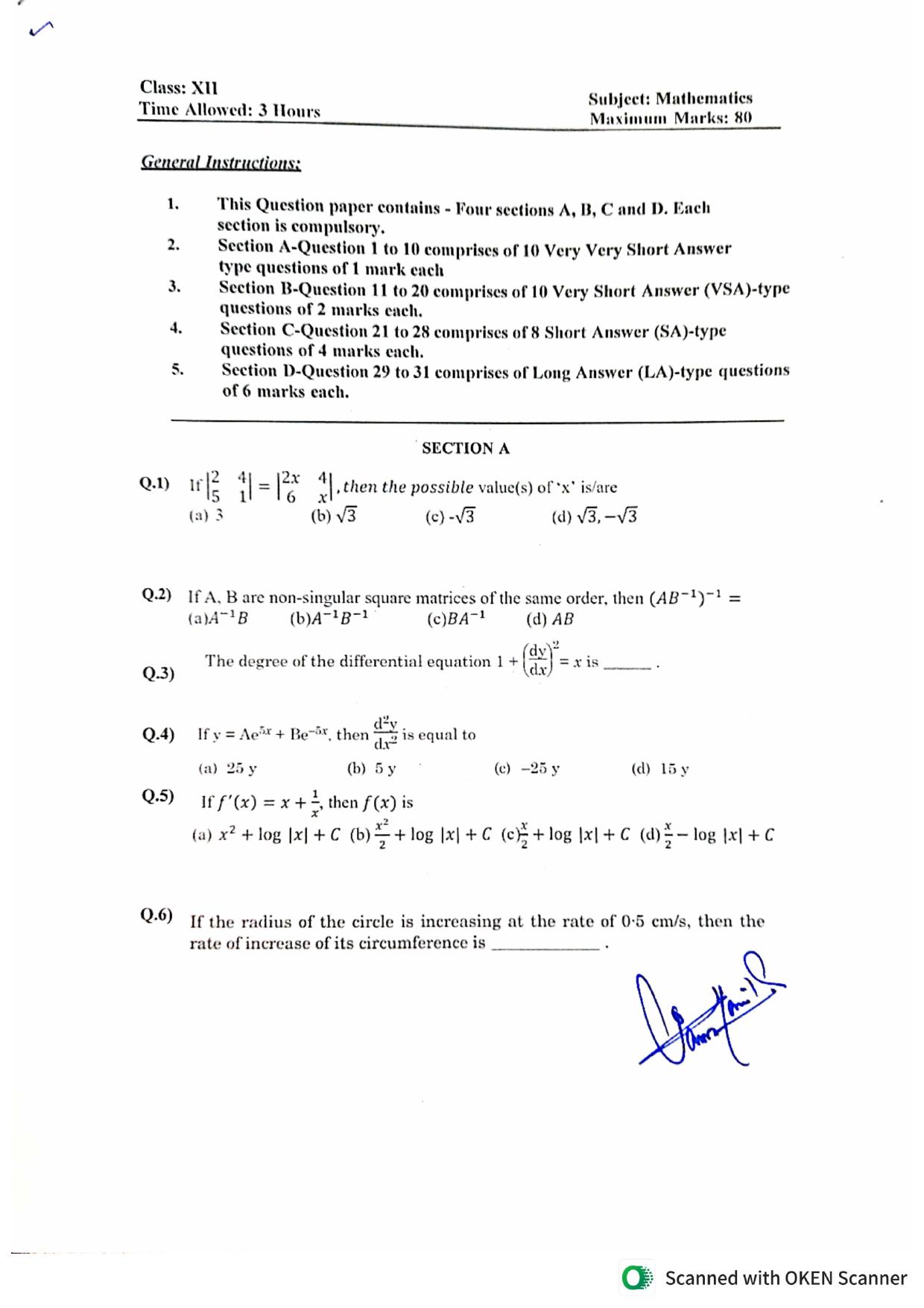 JKBOSE Class 12 Mathematics Model Question Paper - Page 1