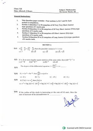 JKBOSE Class 12 Mathematics Model Question Paper