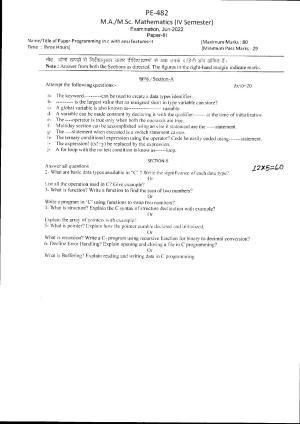 Bilaspur University Question Paper June 2022:M.A./M.Sc. Mathematics(Fourth Semester) Programming In C With Ansi Feature -II Paper 1