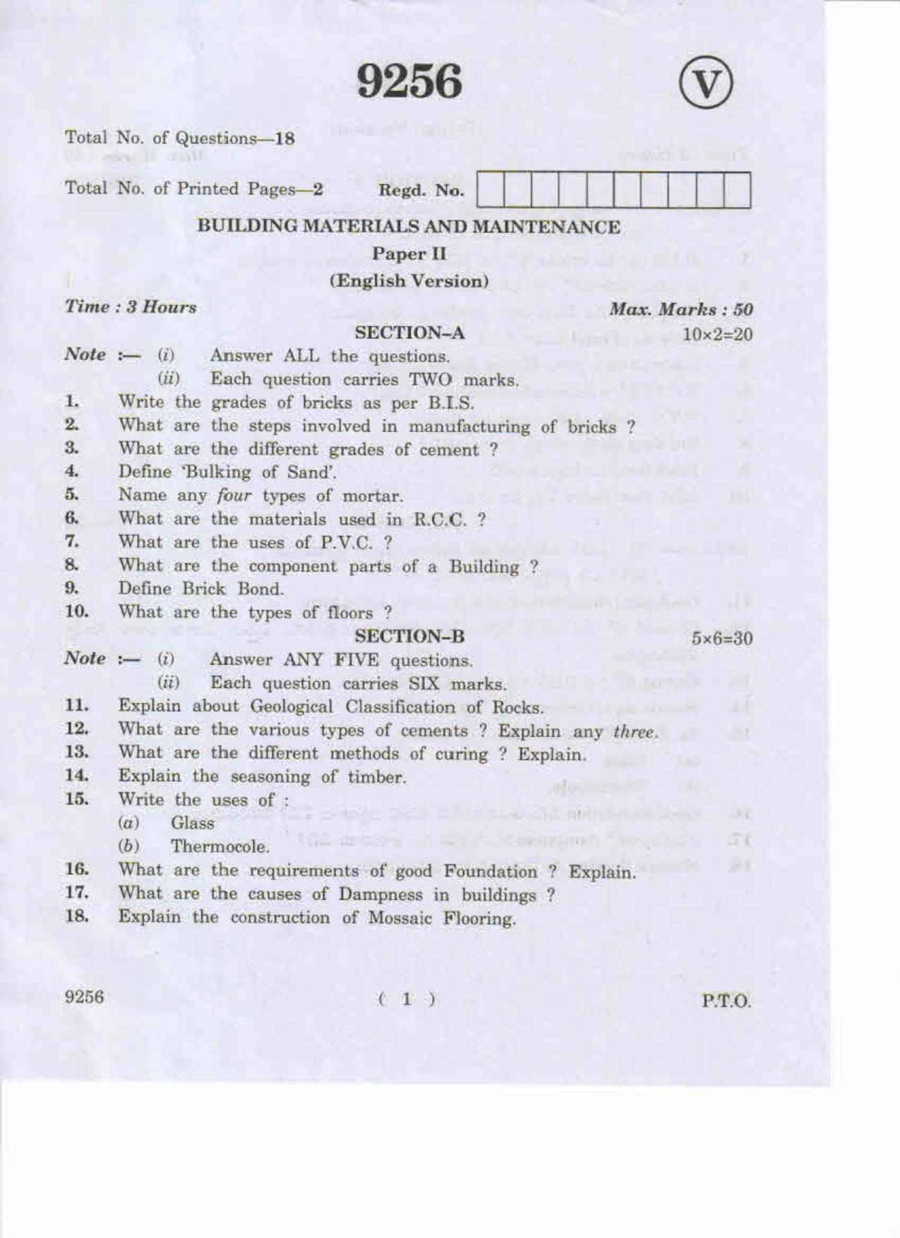 AP Inter 2nd Year Building Materials and Maintenance-II May-2019-Vocational Question Paper - Page 1