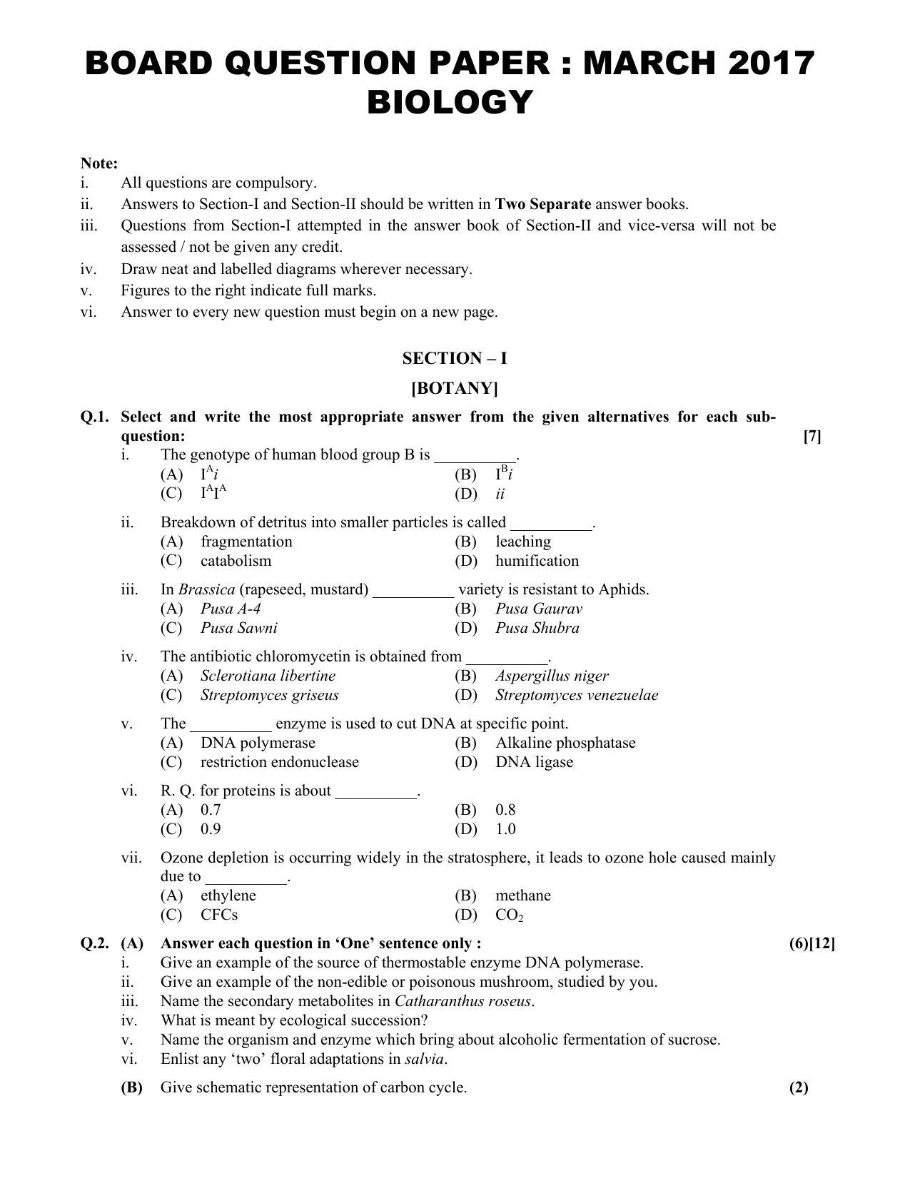 Maharashtra Board HSC Biology 2017 Question Paper - Page 1