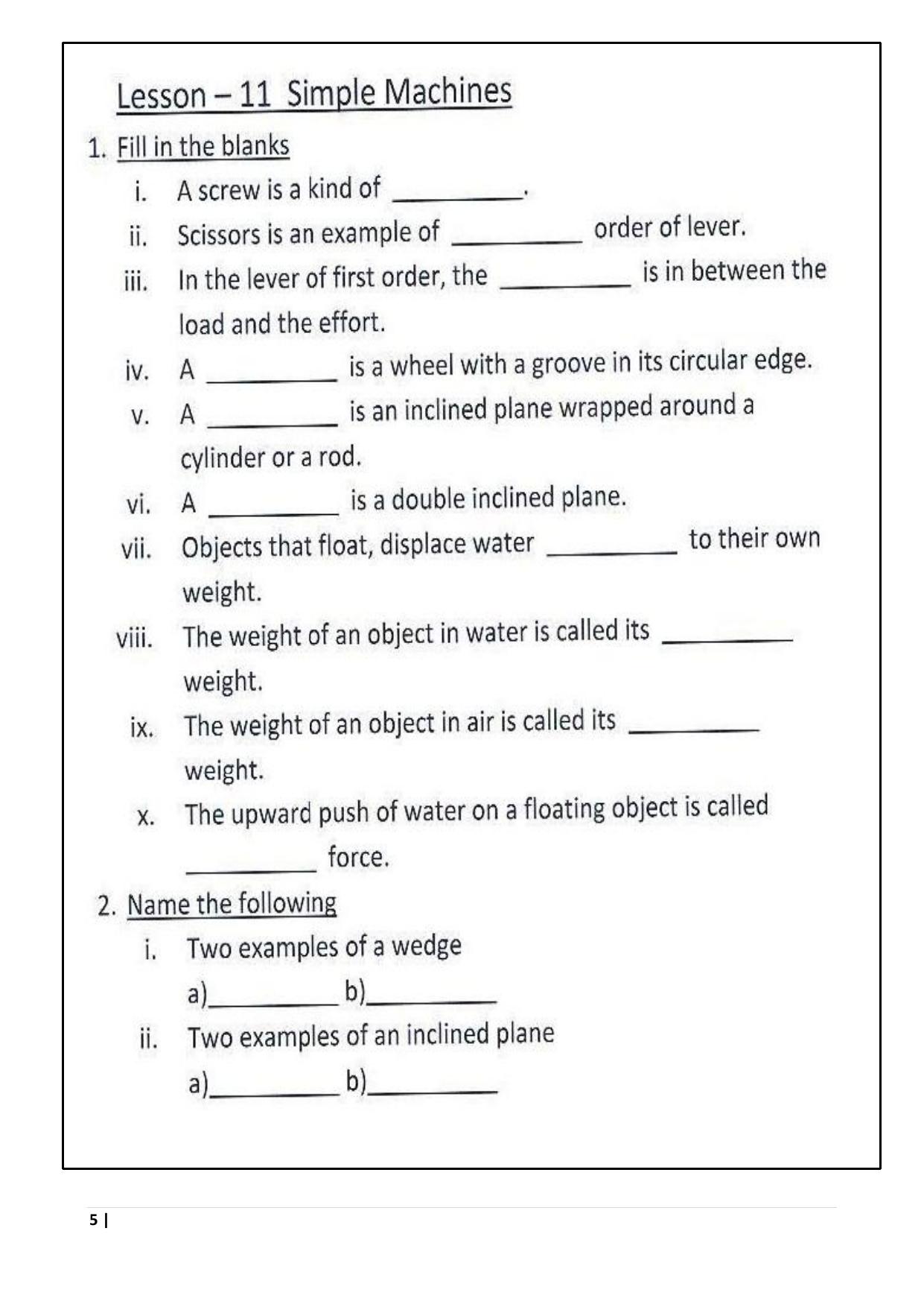 Worksheet for Class 5 Science Simple Machines Assignment 2 - Page 1