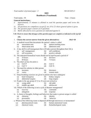 Nagaland Board Class 12 Healthcare 2022 Question Paper