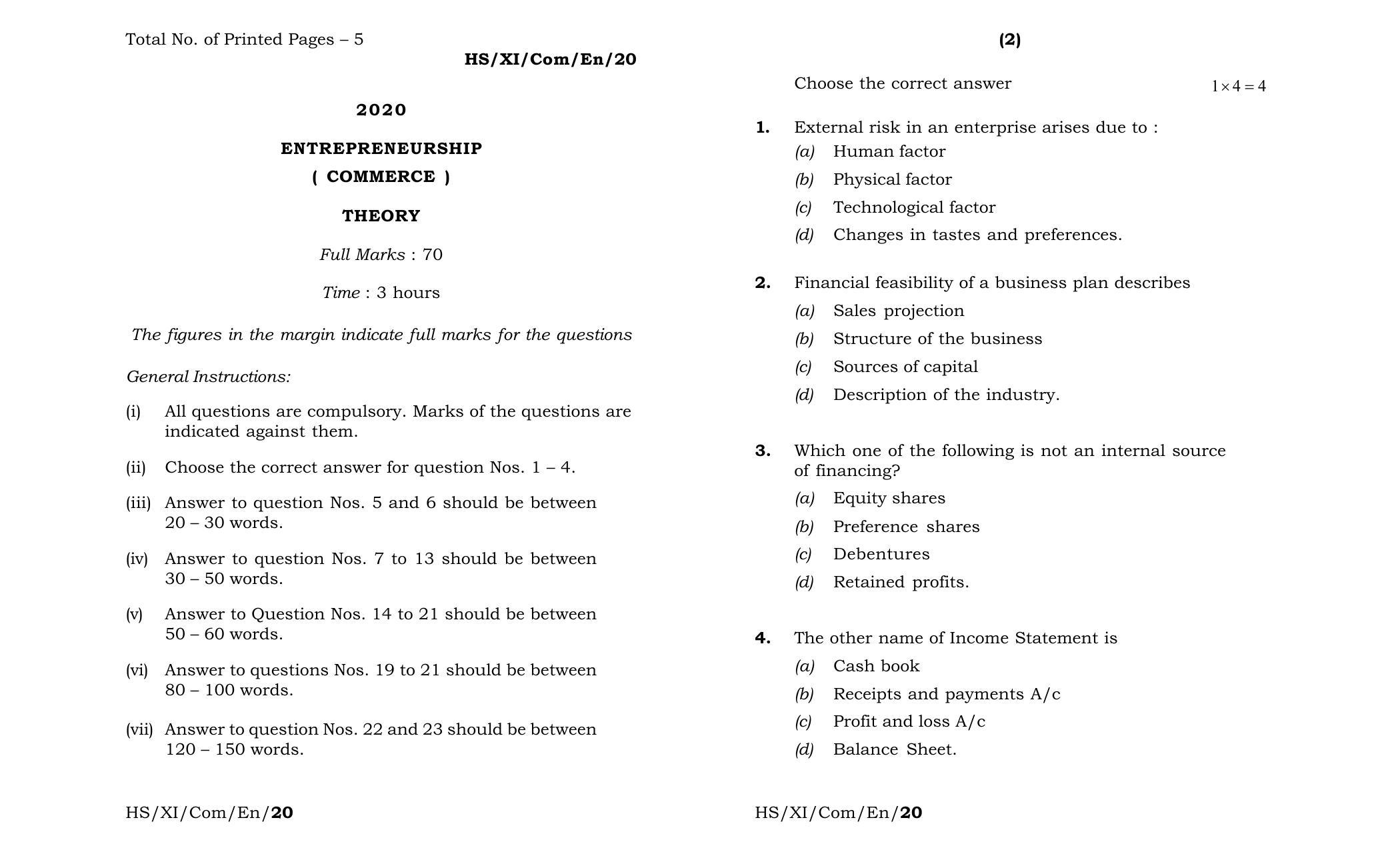 Meghalaya Board (MBOSE) Class 11 Entrepeneurship 2020 Question Paper - Page 1