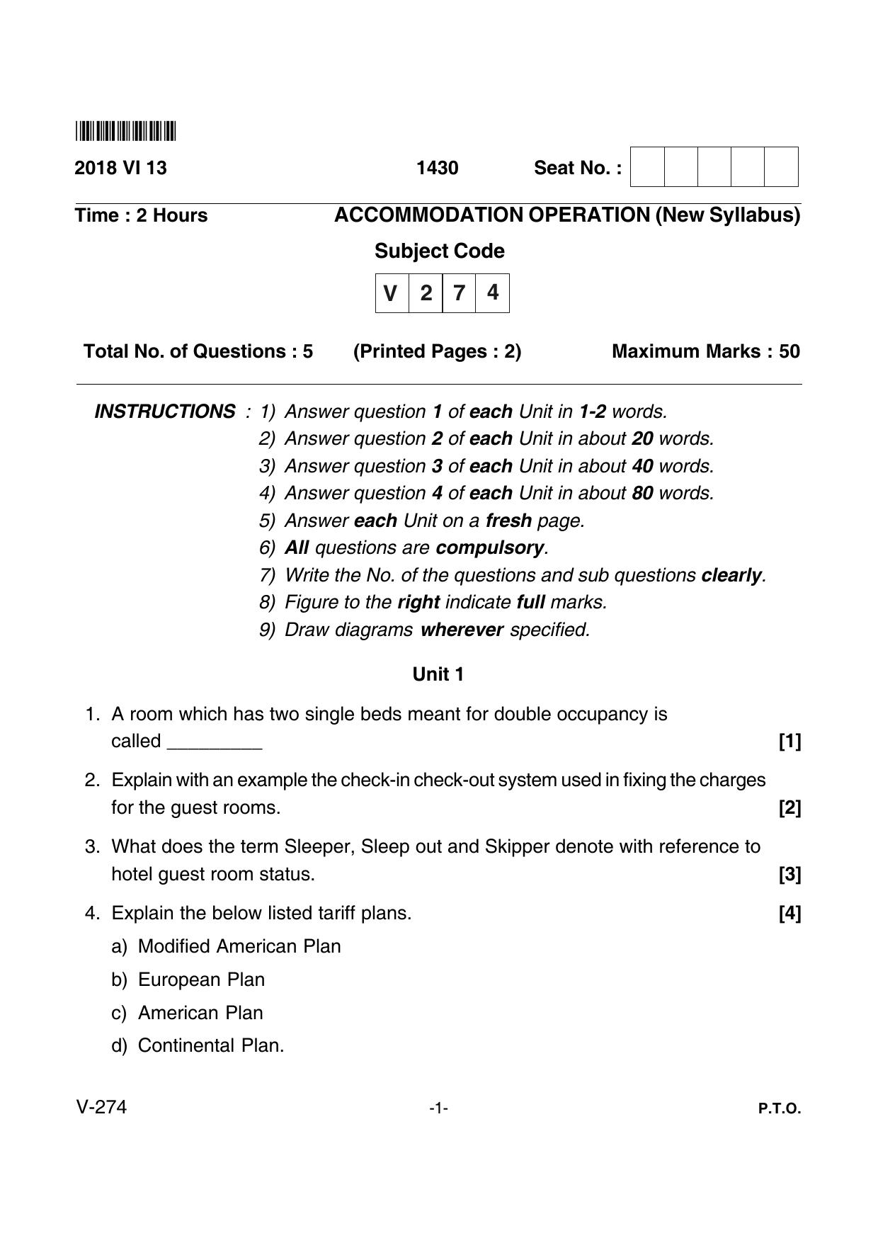 Goa Board Class 12 Accomodation Operation  Voc 274 New Syllabus (June 2018) Question Paper - Page 1