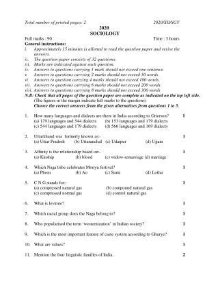 Nagaland Board Class 12 SOCIOLOGY 2020 Question Papers