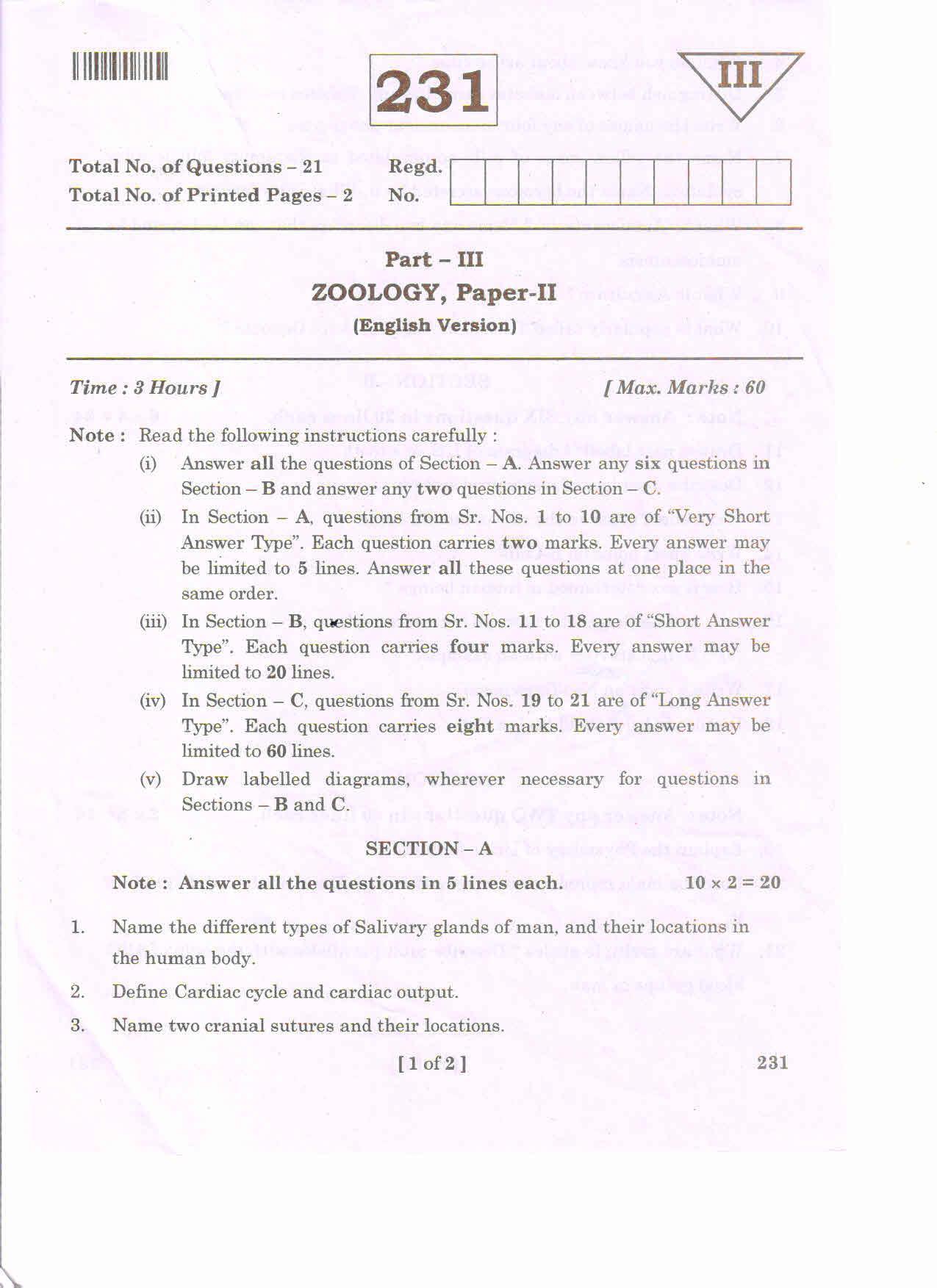 AP 2nd Year General Question Paper March - 2020 - ZOOLOGY-II(EM) - Page 1