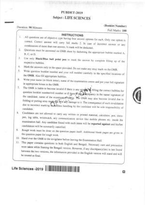 PUBDET 2019 Life Science Question Papers