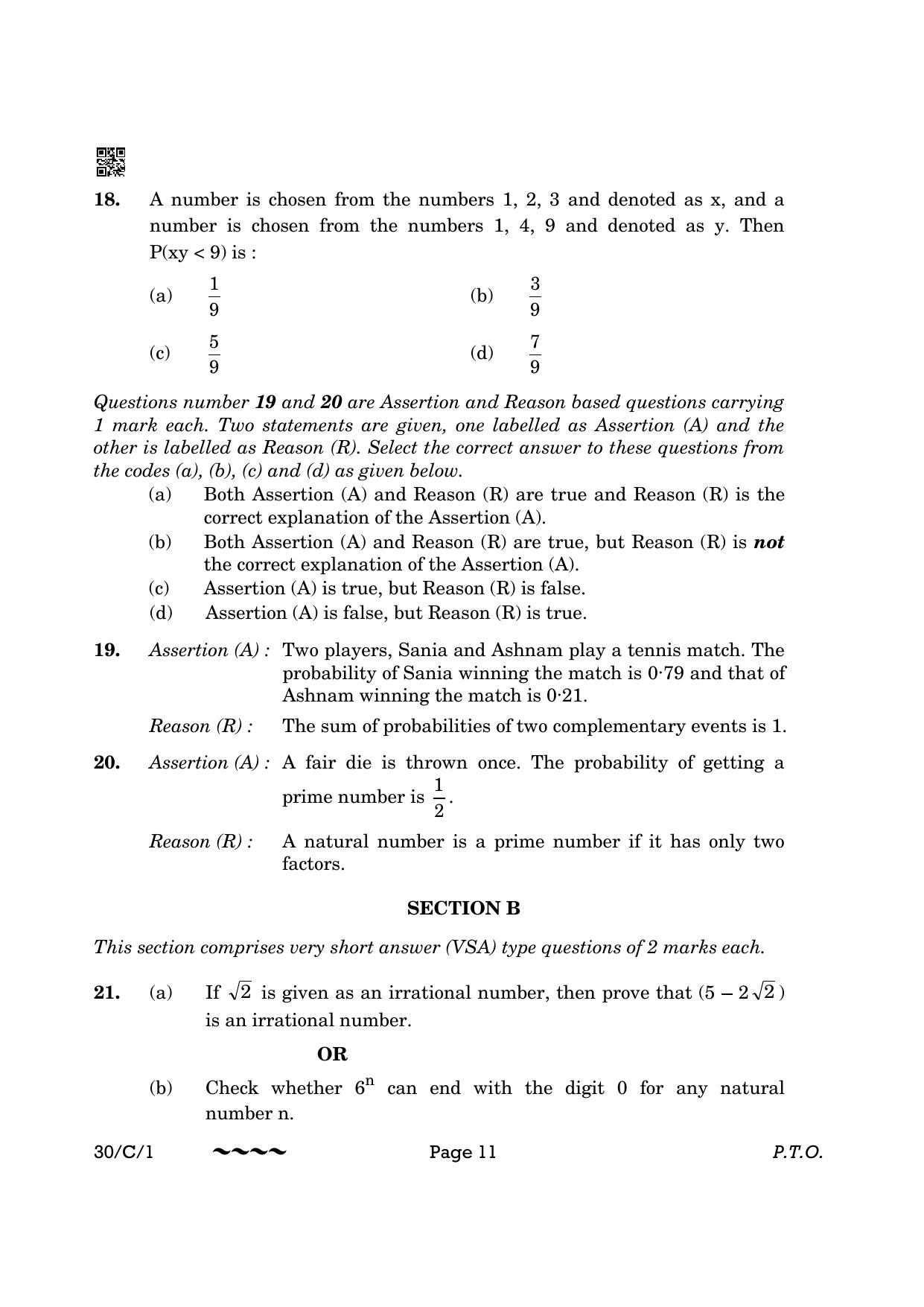 CBSE Class 10 30-1 Maths Std. 2023 (Compartment) Question Paper - Page 11