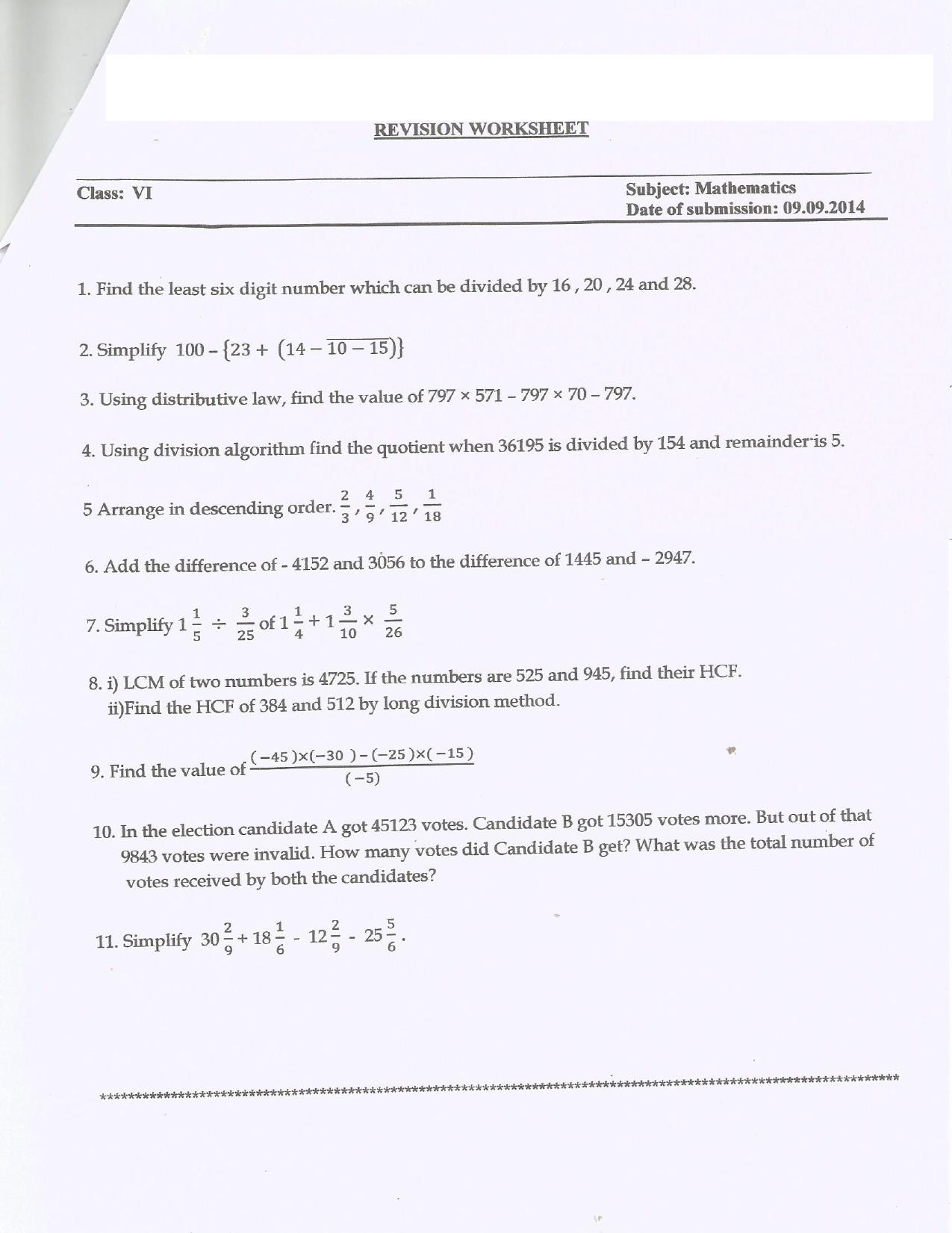 CBSE Worksheets for Class 6 Maths Assignment 15 - Page 1