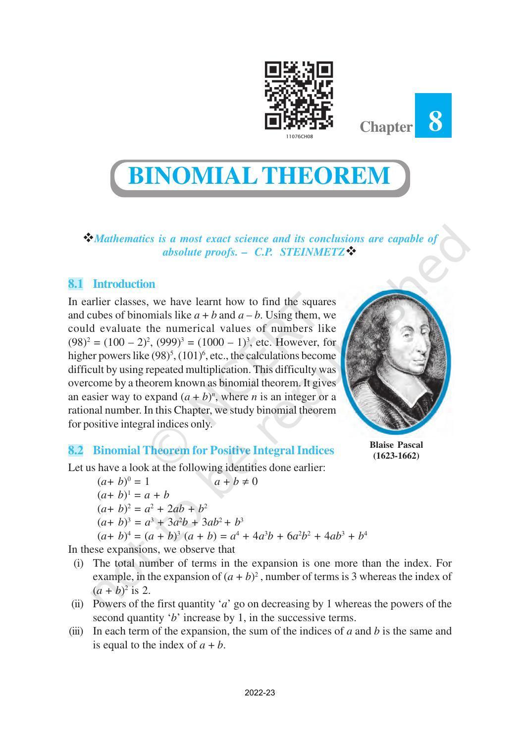 NCERT Book for Class 11 Maths Chapter 8 Binomial Theorem - Page 1