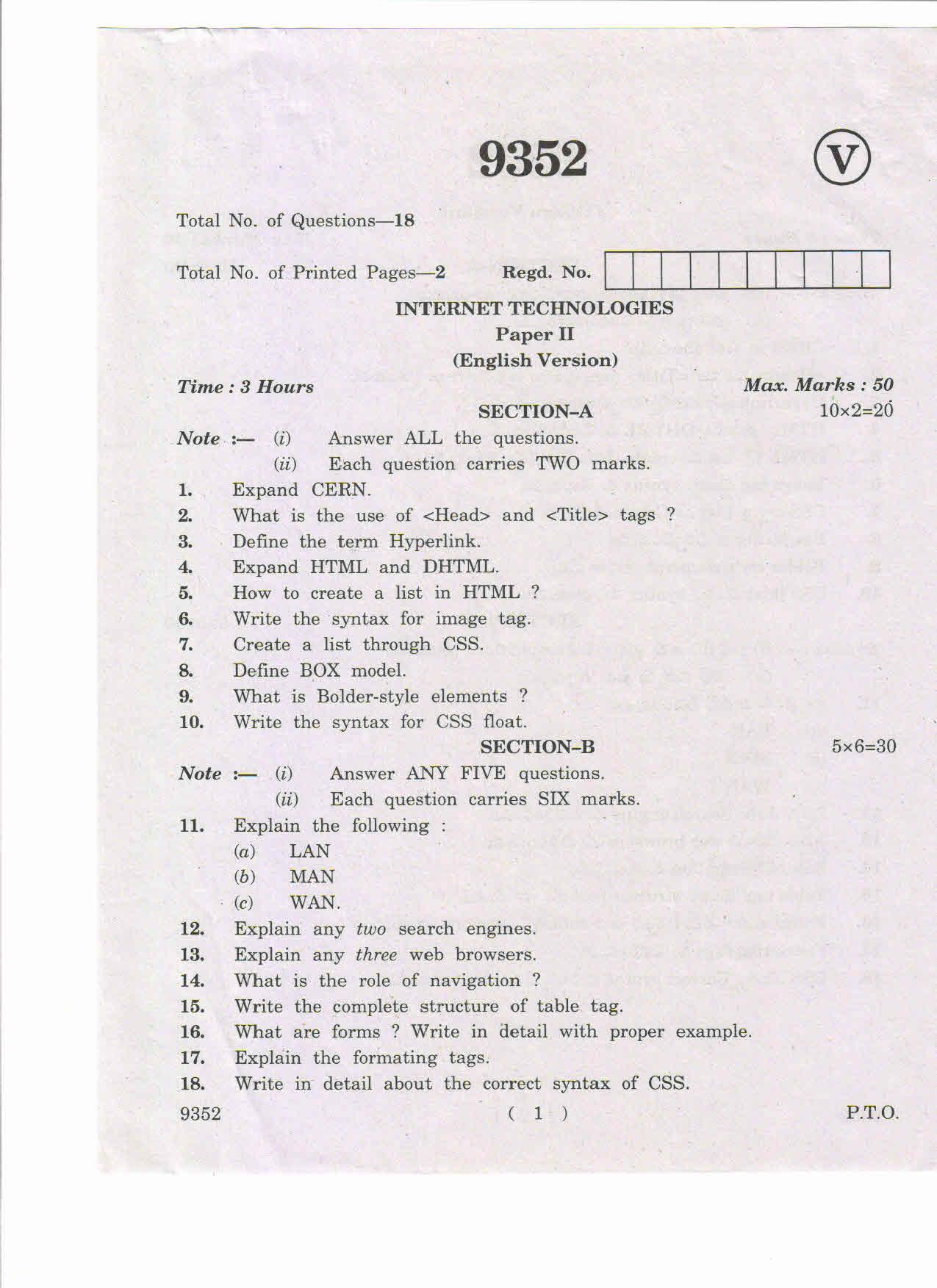 AP Inter 2nd Year Internet Technologies-II March-2019-Vocational Question Paper - Page 1