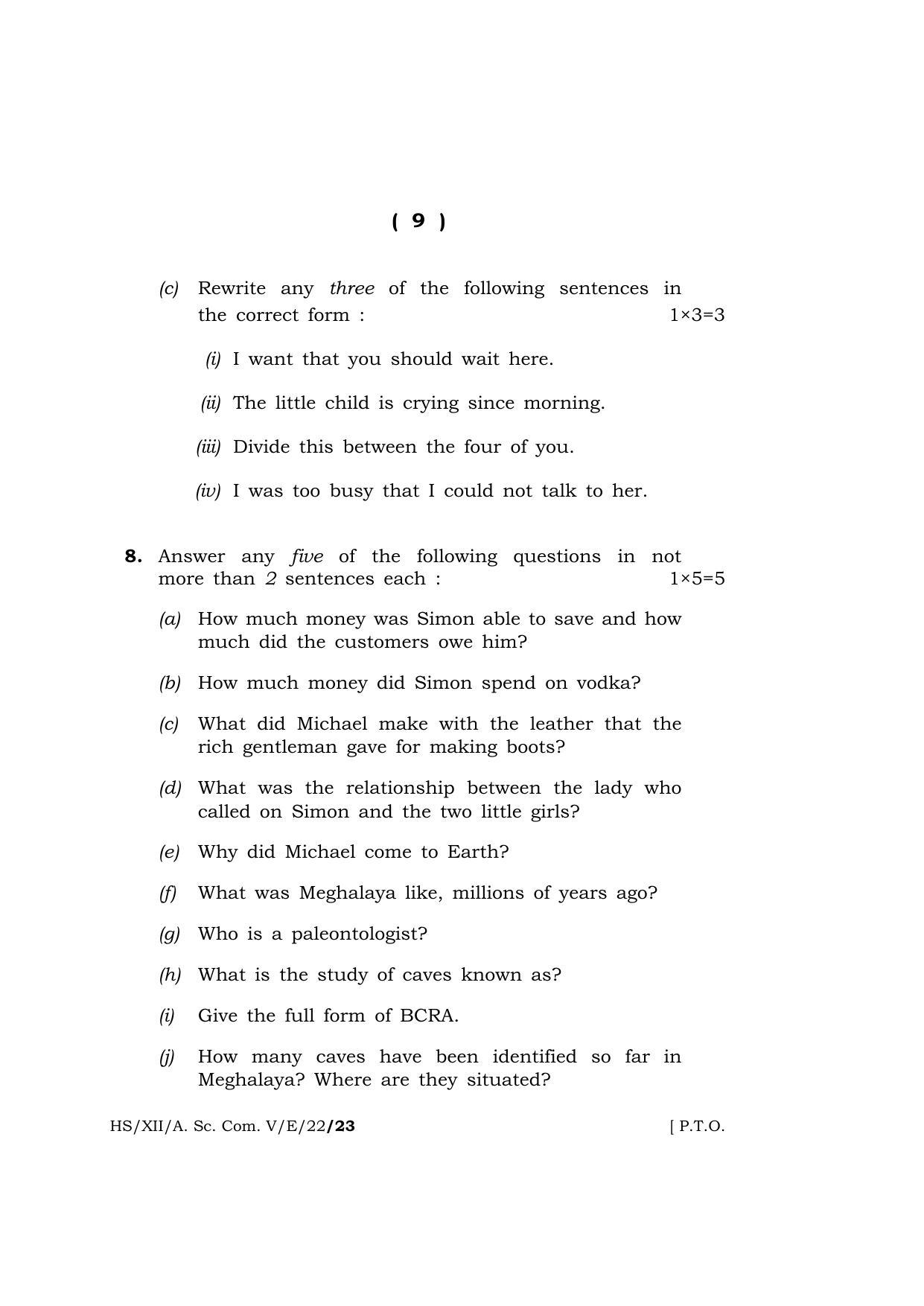 Meghalaya Board (MBOSE) Class 12 ELECTIVE ENGLISH  (HS-XII-A. Sc. Com. V-E-22) 2022 Question Paper - Page 9