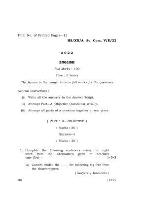 Meghalaya Board (MBOSE) Class 12 ELECTIVE ENGLISH  (HS-XII-A. Sc. Com. V-E-22) 2022 Question Paper