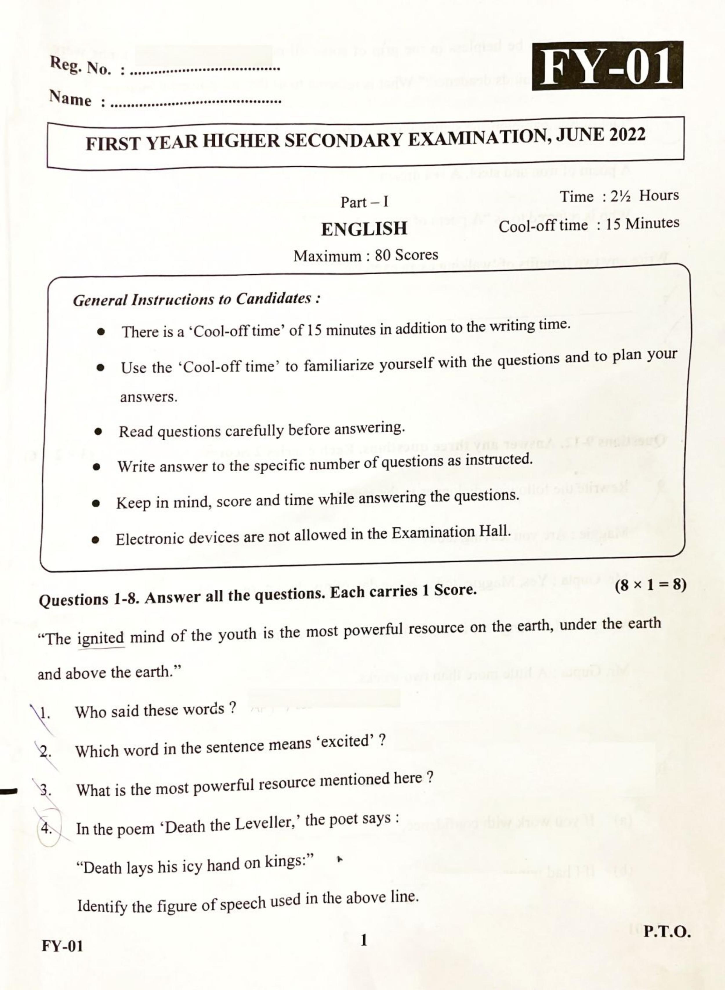 Kerala Plus One 2022 English Question Paper - Page 1