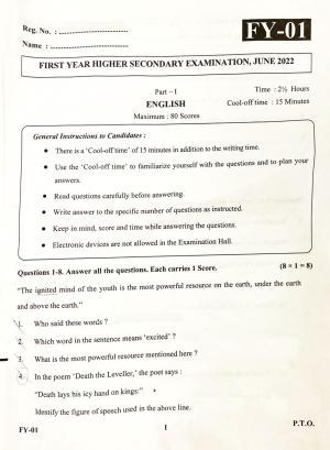 Kerala Plus One 2022 English Question Paper