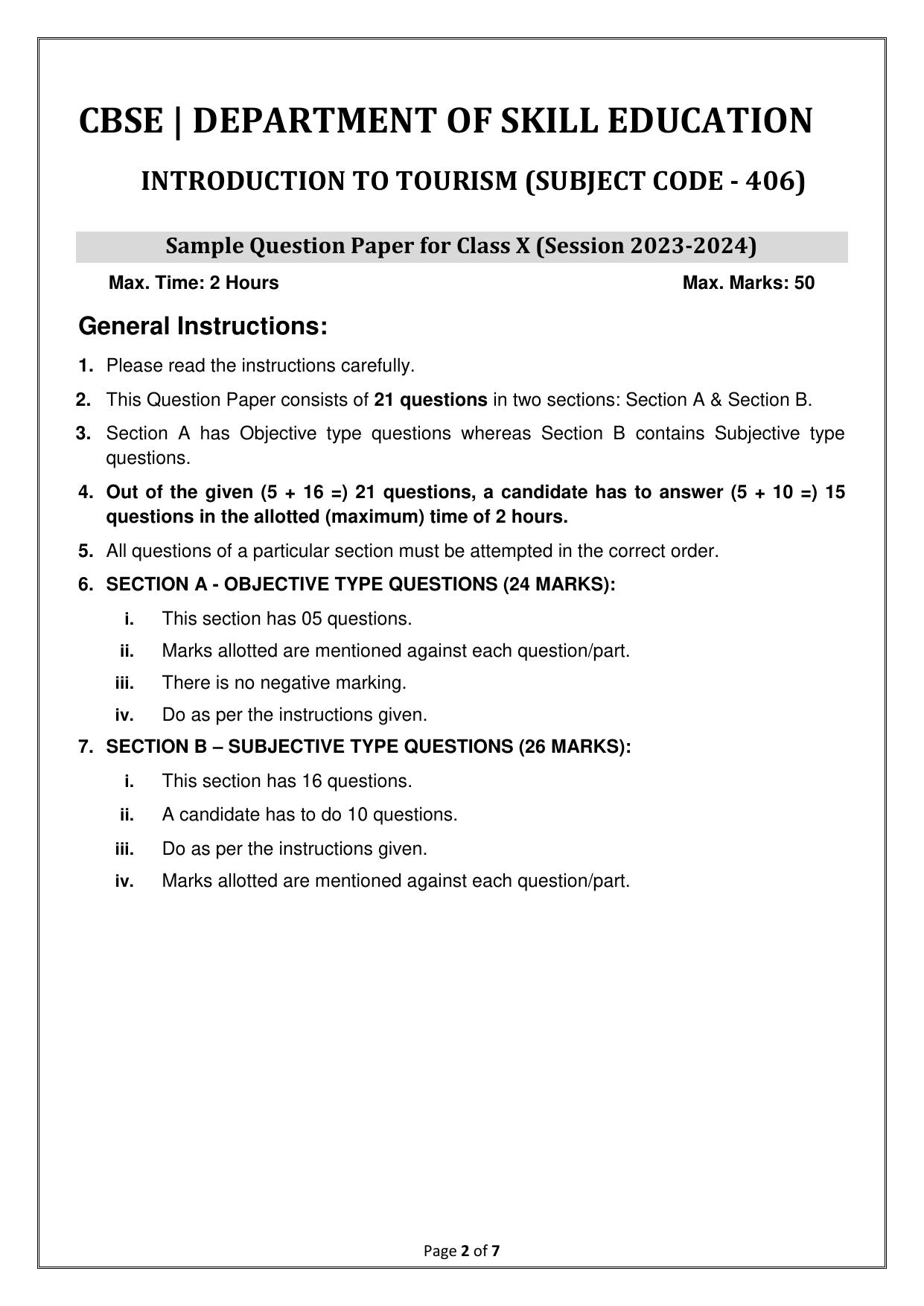 CBSE Class 10 (Skill Education) Tourism 2024 Sample Paper - Page 2