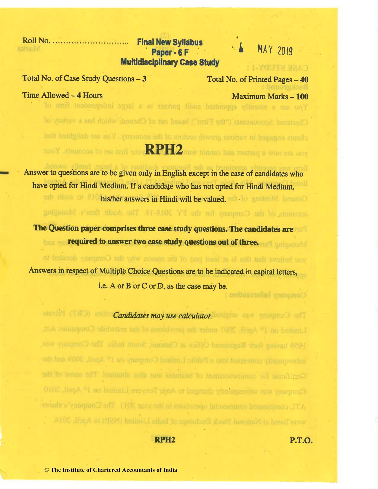 CA Final May 2019 Question Paper - Paper 6F – Multidisciplinary Case Study - Page 1