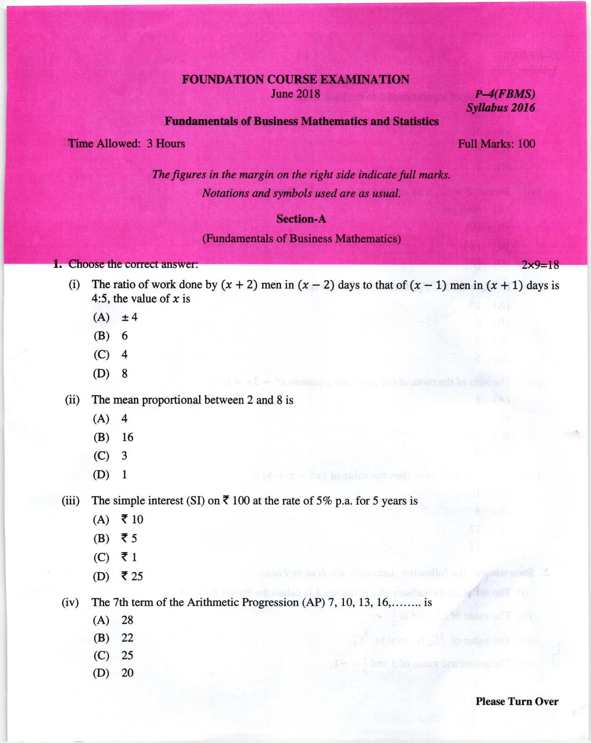 ICMAI June 2018 Fundamentals of Business Mathematics and Statistics Question Paper  - Page 1
