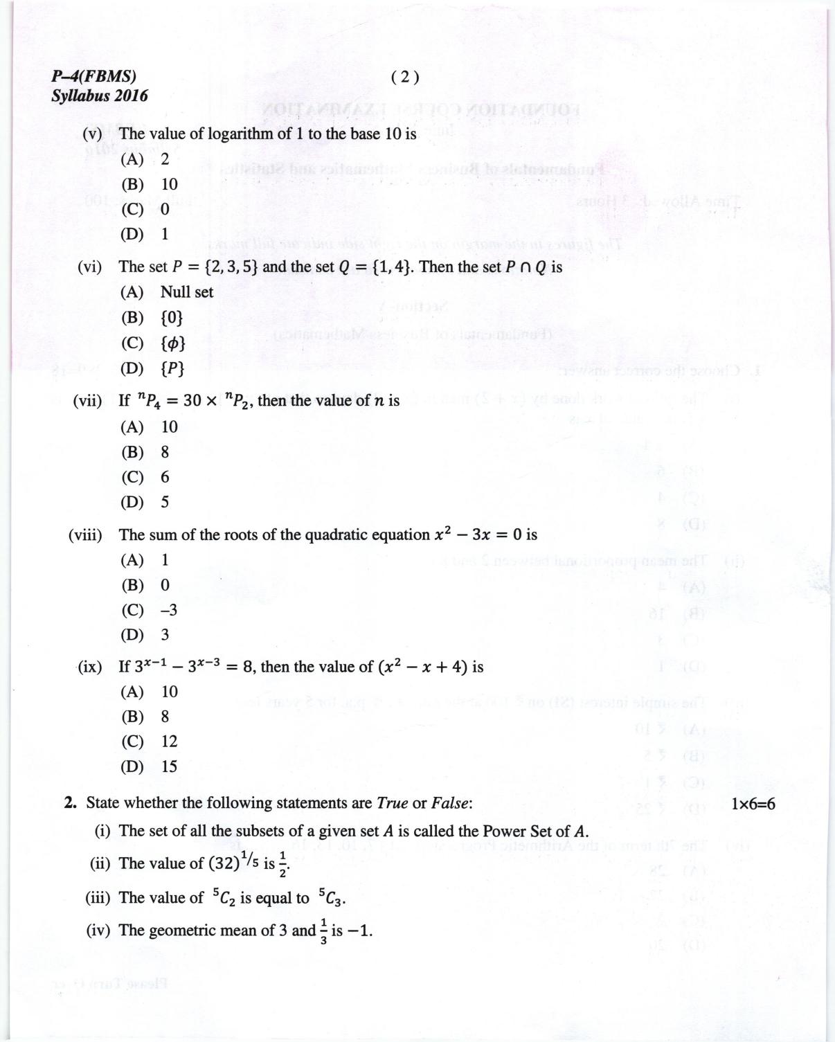 ICMAI June 2018 Fundamentals of Business Mathematics and Statistics Question Paper  - Page 2