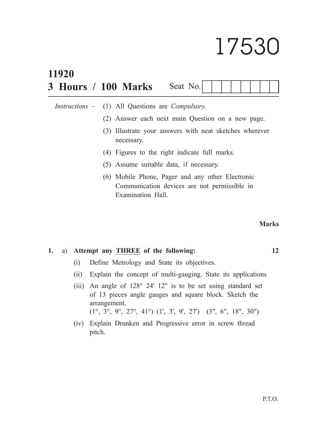 MSBTE Winter Question Paper 2019 - Metrology and Quality Control - Page 1