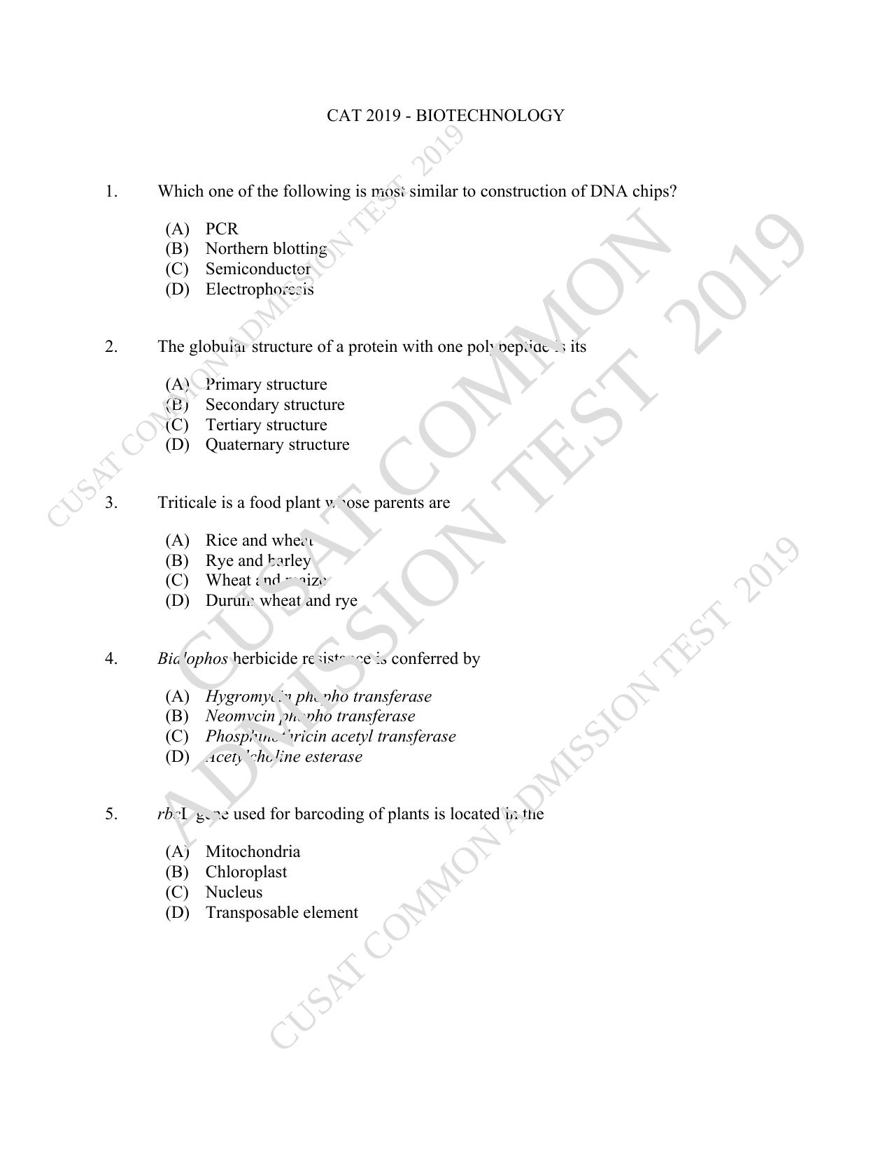 CUSAT CAT 2019 Biotech Question Paper - Page 1