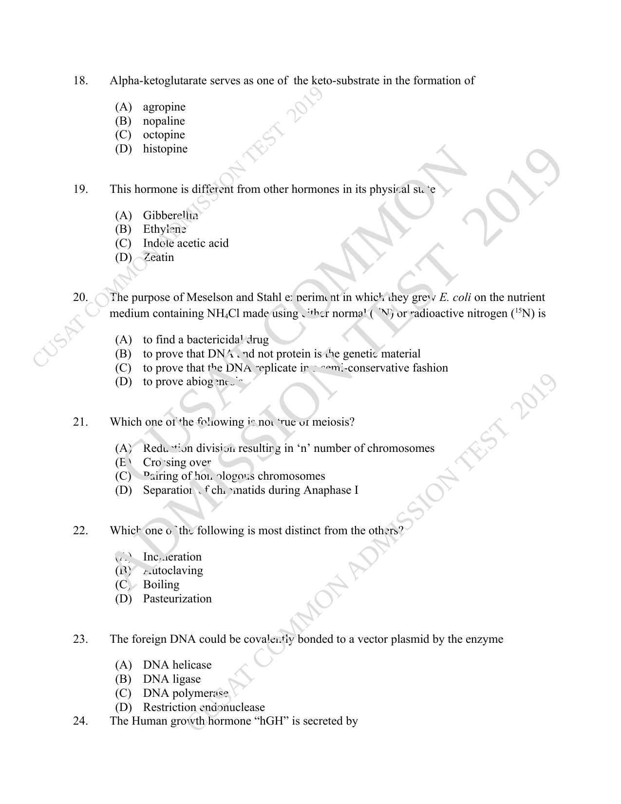 CUSAT CAT 2019 Biotech Question Paper - Page 4