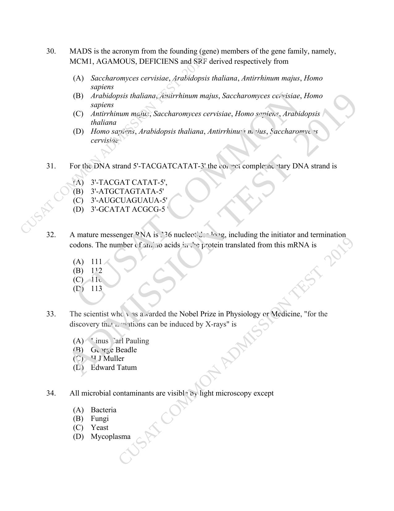 CUSAT CAT 2019 Biotech Question Paper - Page 6