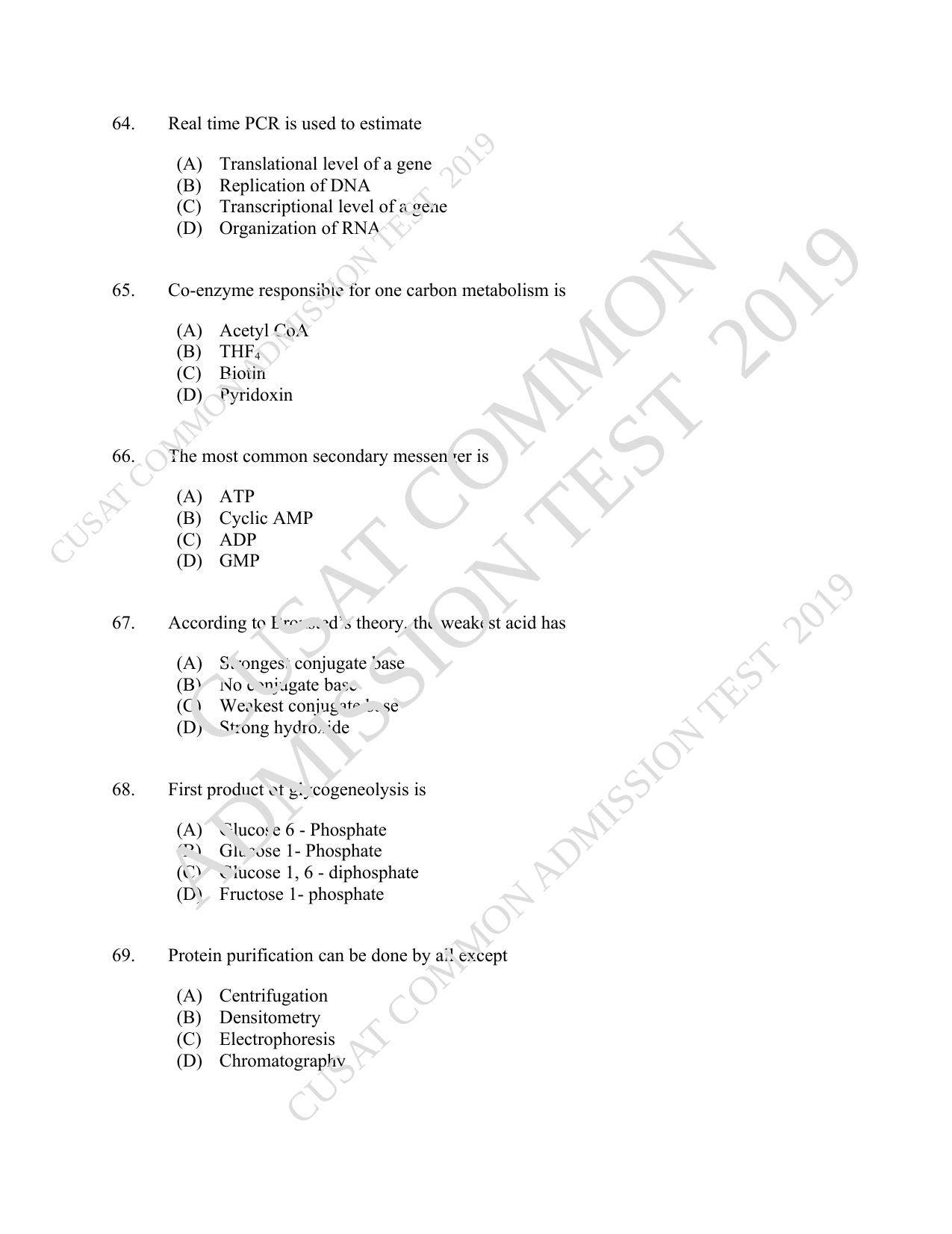 CUSAT CAT 2019 Biotech Question Paper - Page 12