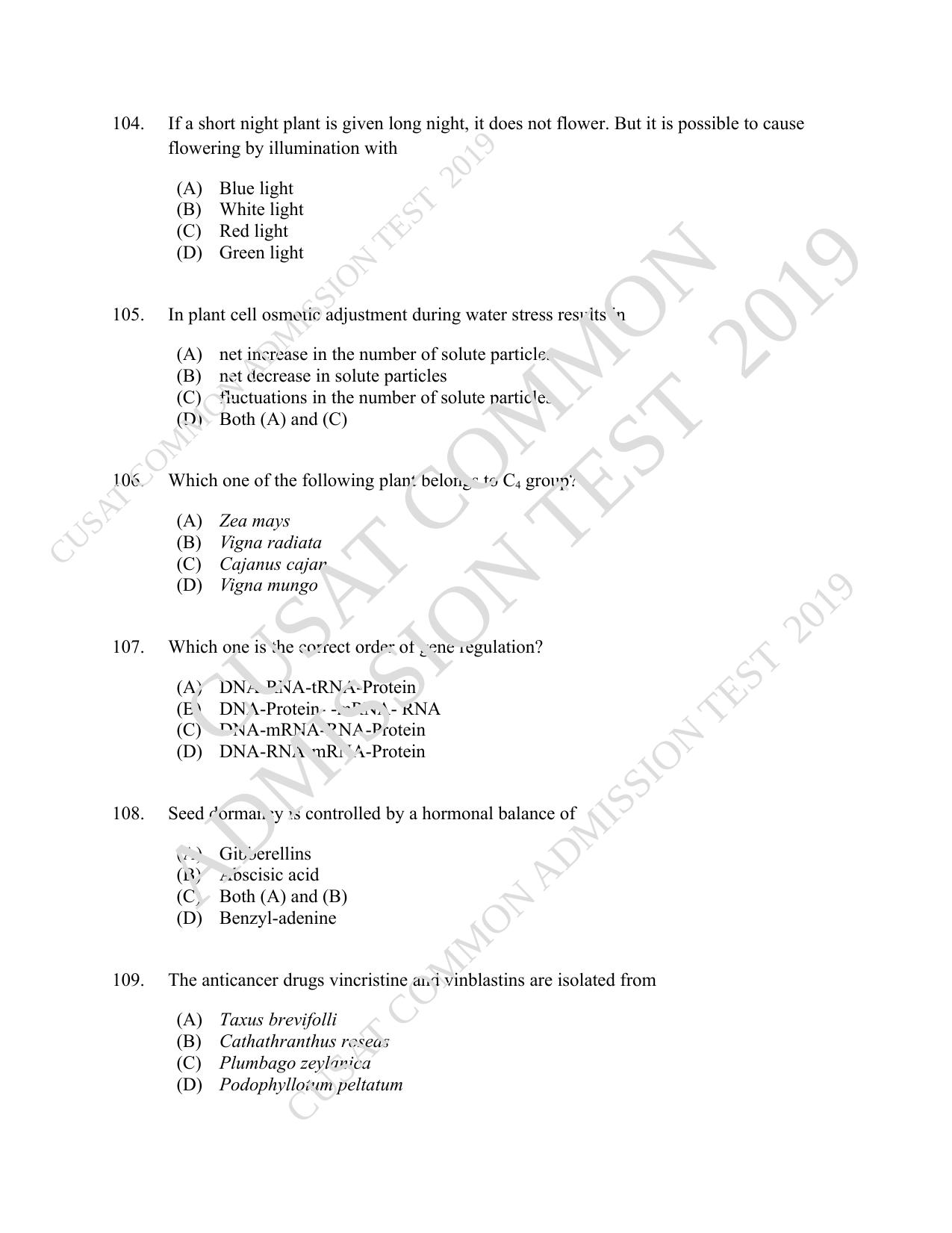 CUSAT CAT 2019 Biotech Question Paper - Page 19
