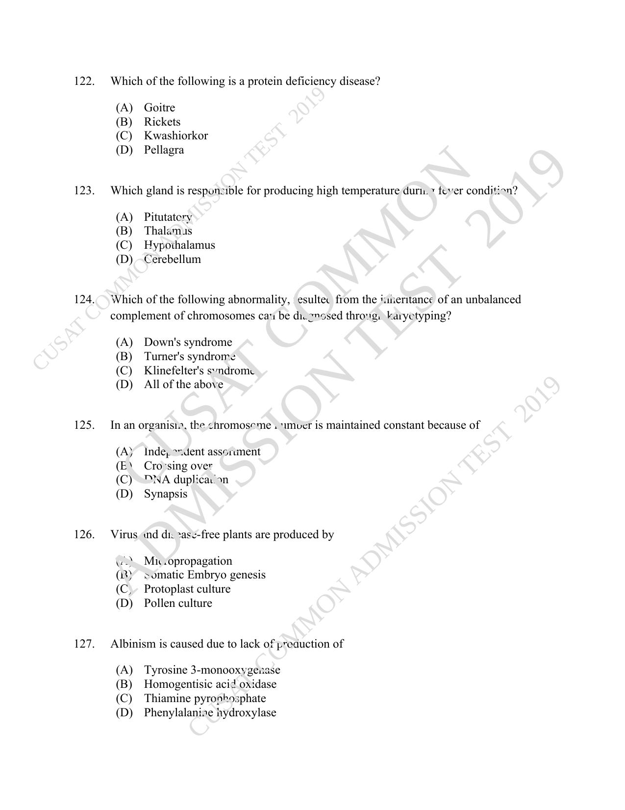 CUSAT CAT 2019 Biotech Question Paper - Page 22