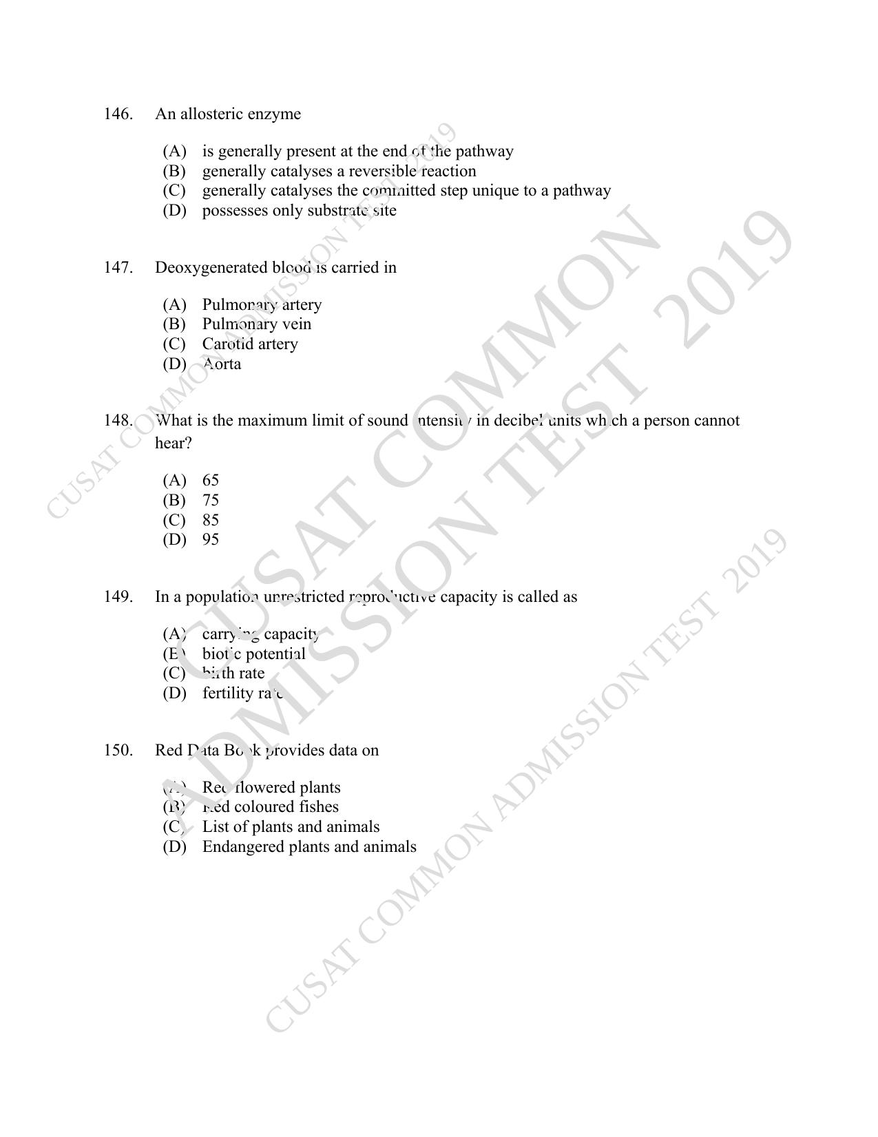 CUSAT CAT 2019 Biotech Question Paper - Page 26