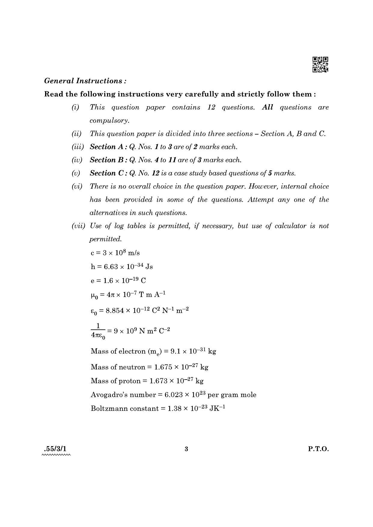 CBSE Class 12 55-3-1 Physics 2022 Question Paper - Page 3