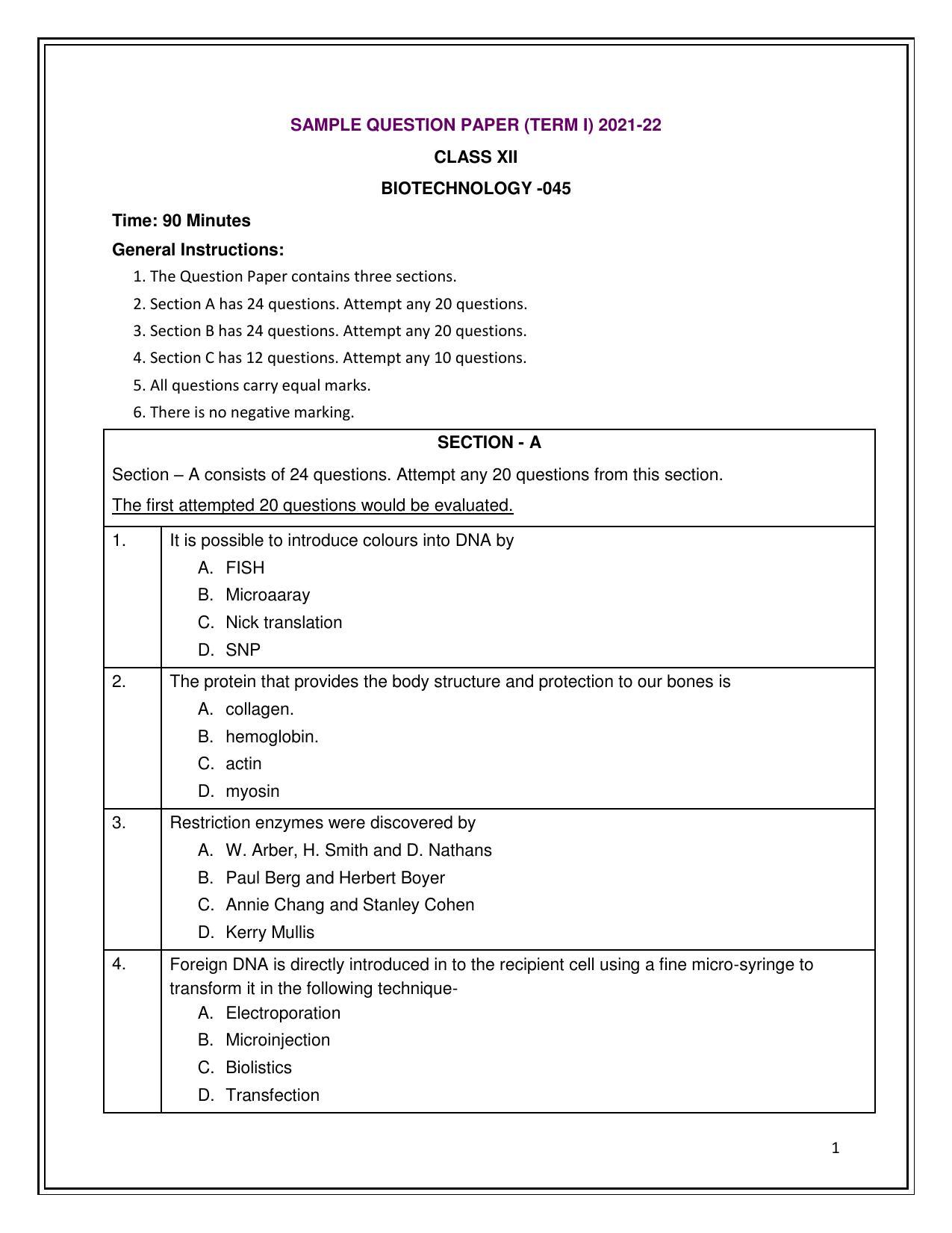 CBSE Class 12th Biotechnology Sample Question Paper 2021-22 - Page 1