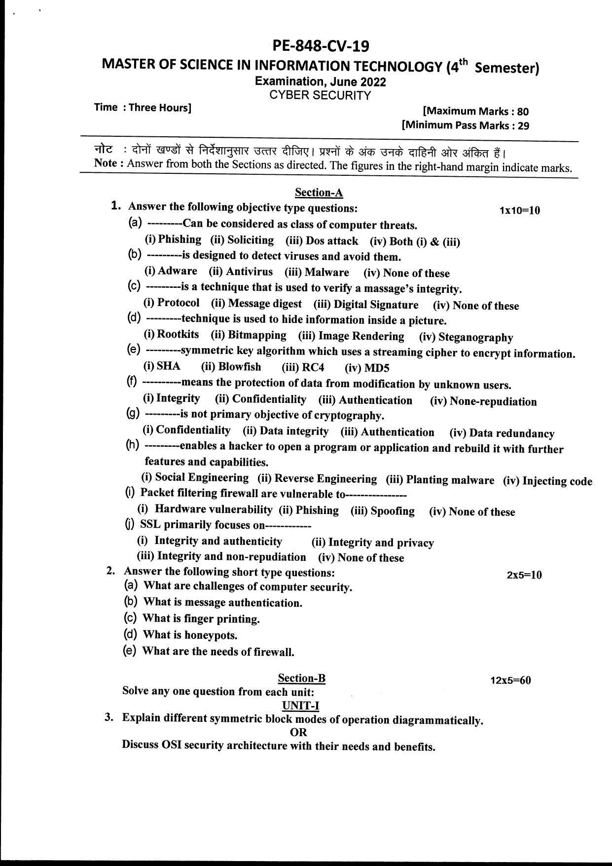 Bilaspur University Question Paper June 2022Master Of Science In