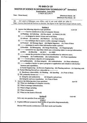 Bilaspur University Question Paper June 2022:Master Of Science In Information Technology (Fourth Semester)Cyber Security Paper 1