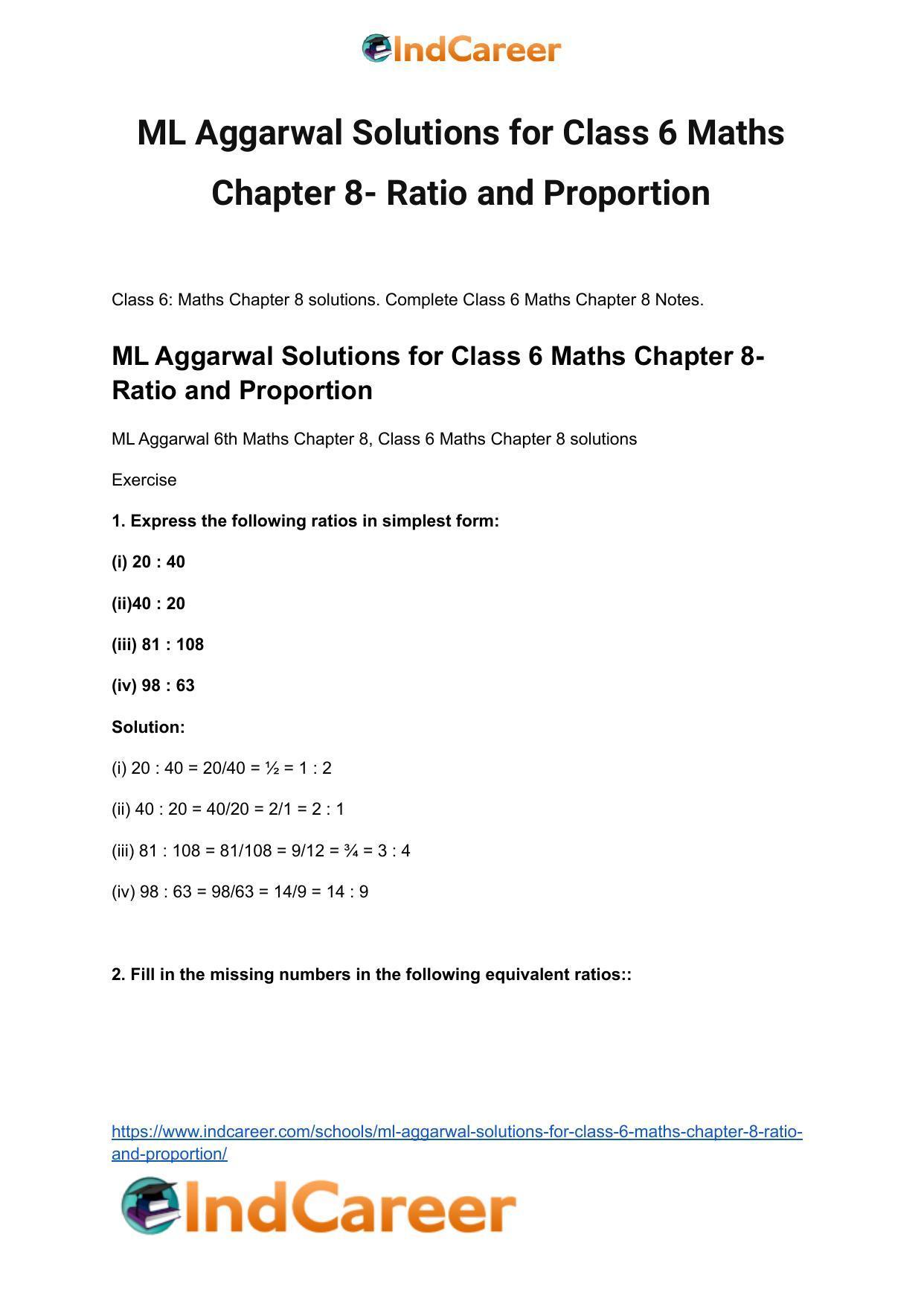 ML Aggarwal Solutions for Class 6 Maths Chapter 8- Ratio and Proportion - Page 2