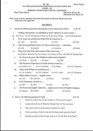 Bilaspur University Question Paper June 2022:M.A. English (Second Semester) Modern Literature Poerty & Prose Paper 1