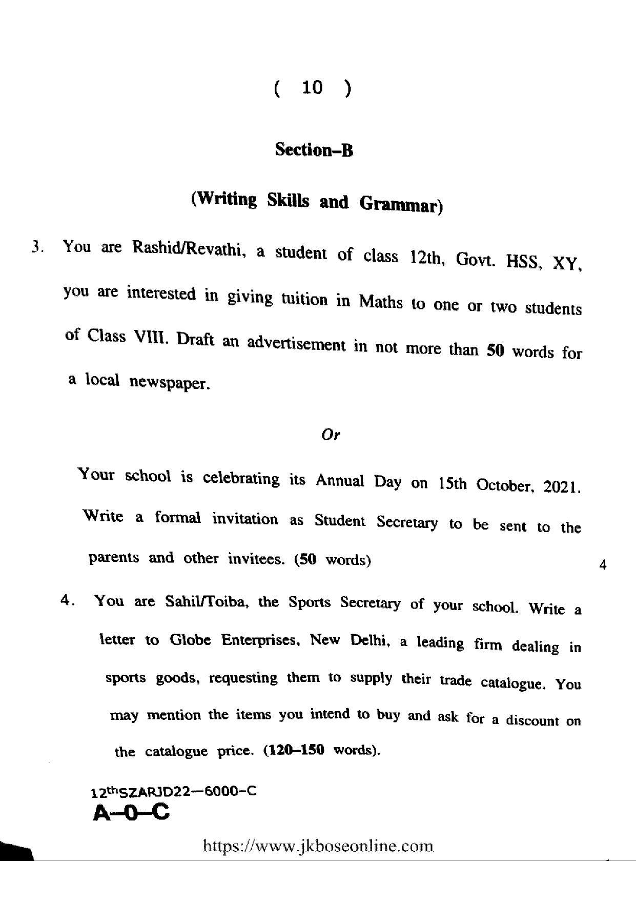 JKBOSE Class 12 English 6000-C Question Papers 2022 - Page 10