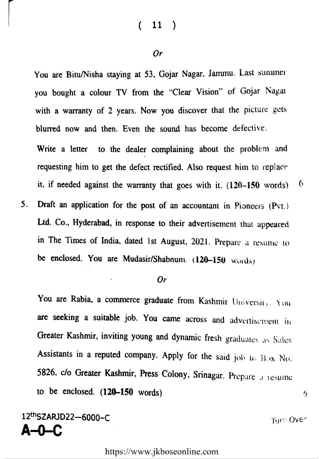 JKBOSE Class 12 English 6000-C Question Papers 2022 - Page 11